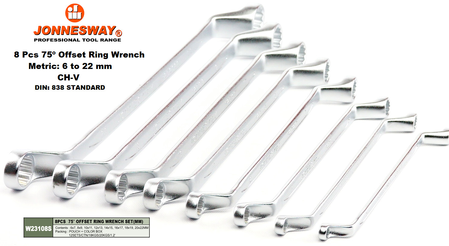 Jonnesway W23108S 8 Pcs 75º Offset Ring Wrench Set Metric 6-22 mm