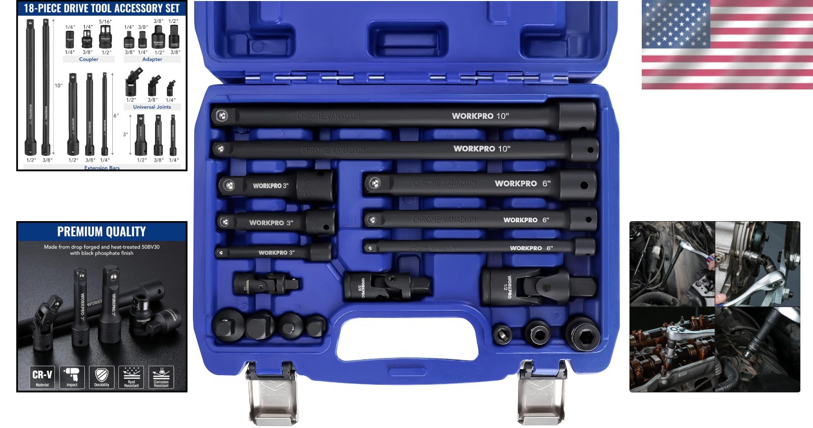 Versatile 18-Piece Impact Socket Extension Kit with Easy Identification Storage