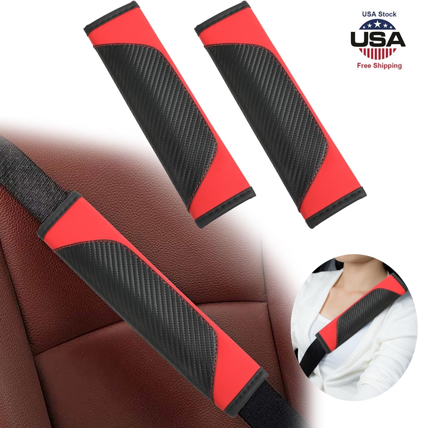 4× Car Seat Belt Liner Covers & Armrest Pad & Steering wheel Cover Auto Set US
