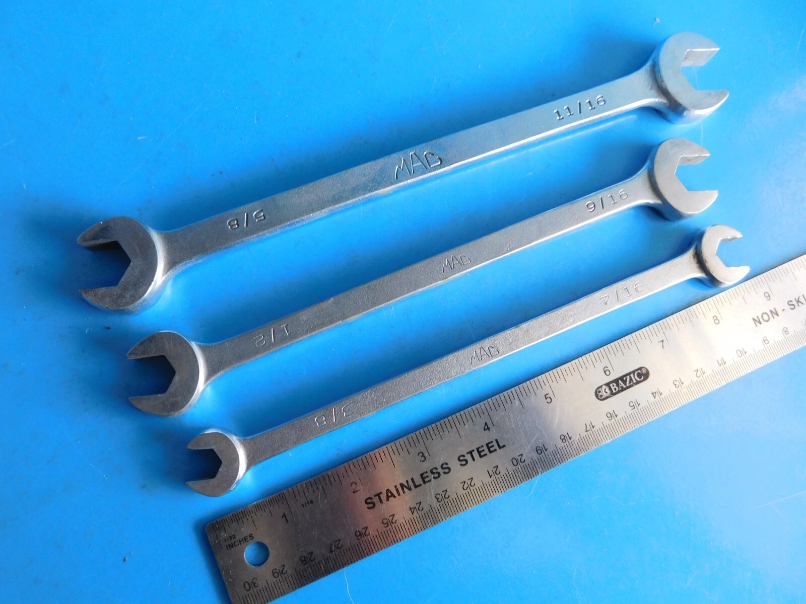 USED, MAC TOOLS «DBL OPEN END WRENCHS» 3/8X7/16,1/2X9/16,5/8X11/16 IN. LOT OF 3