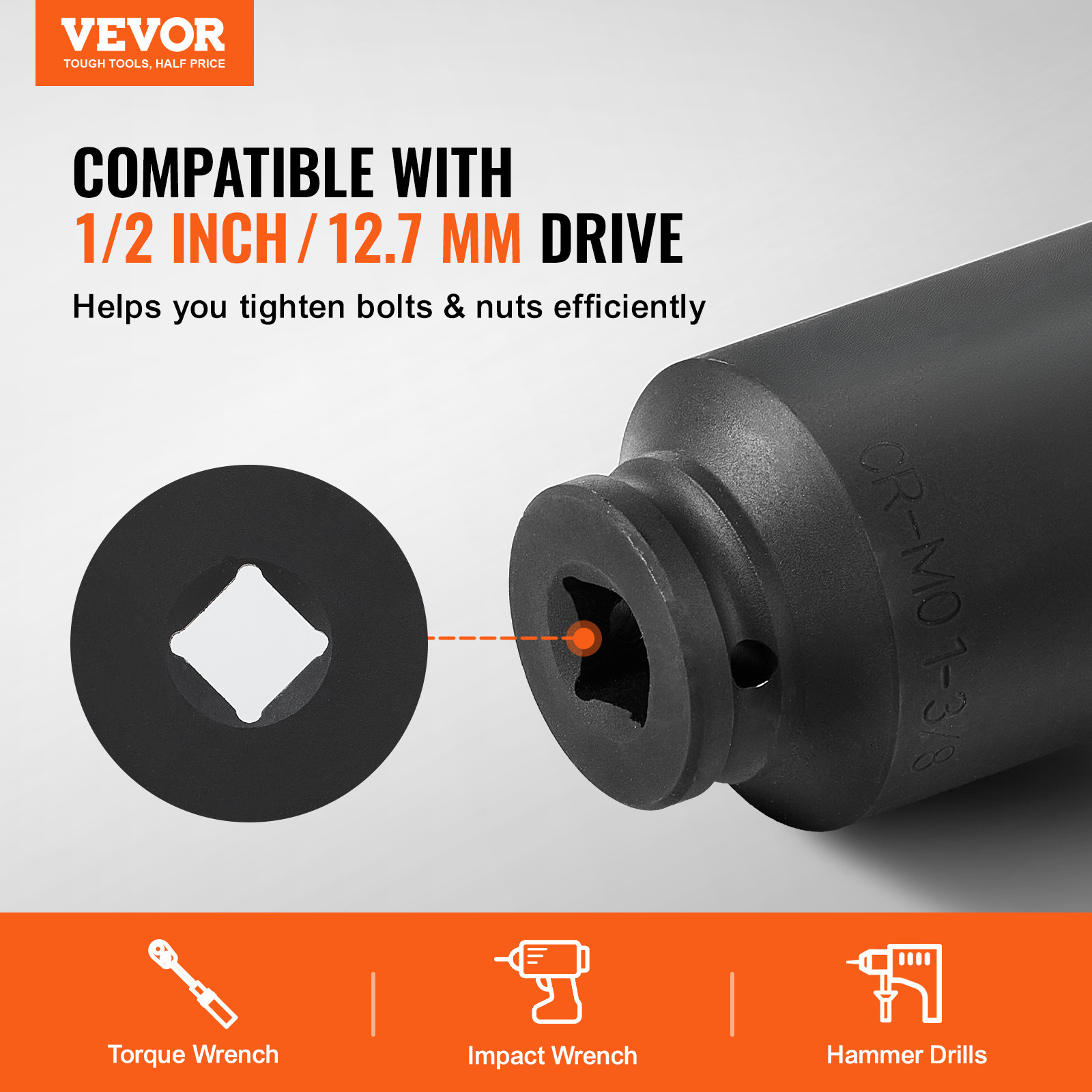 VEVOR Axle Nut Impact Socket Set 1/2″ Drive Deep 6-Point 8PCS SAE Nut Socket