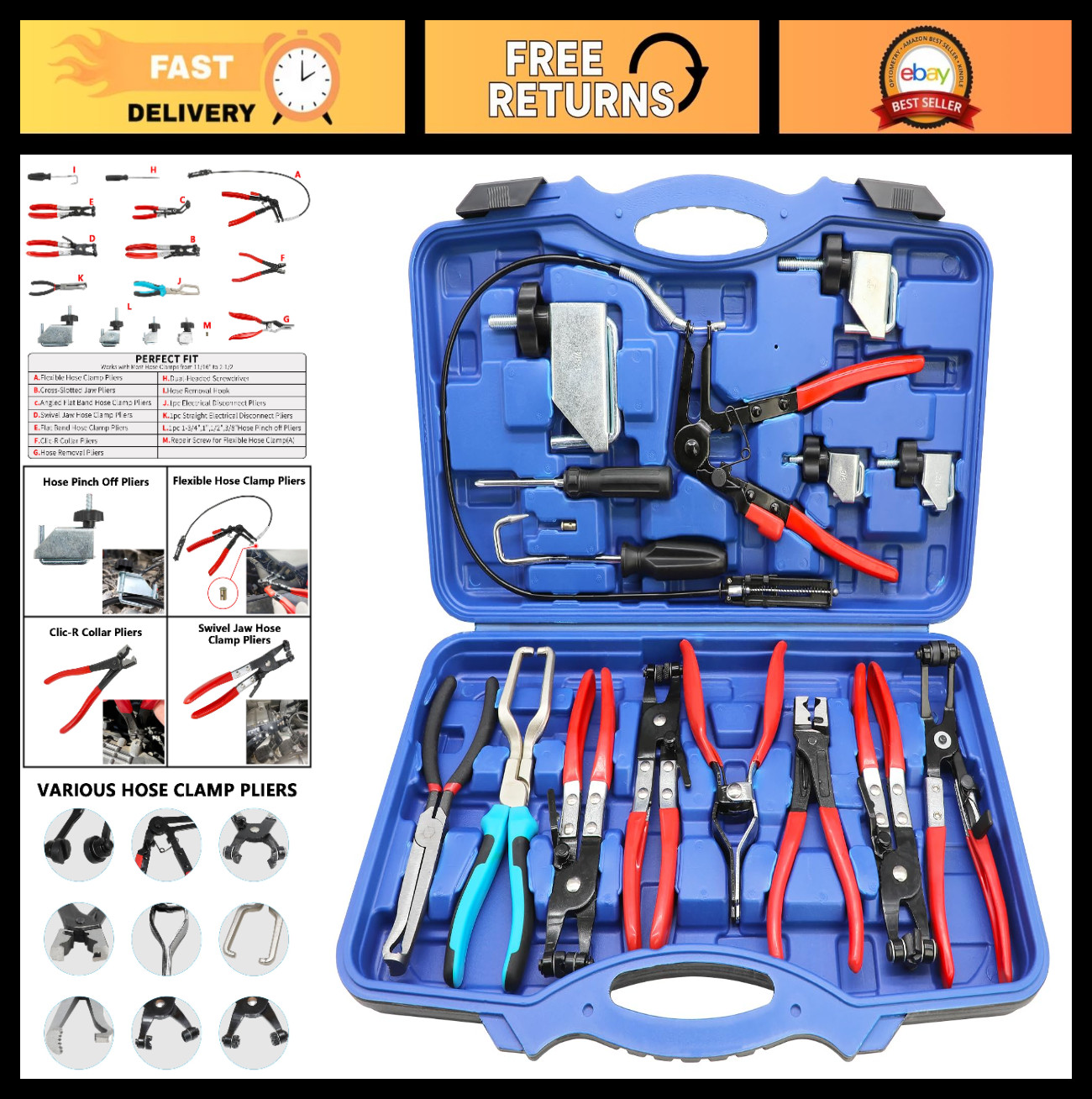 15pcs Hose Clamp Pliers Set & Electrical Disconnect Tool Kit for Auto Repair