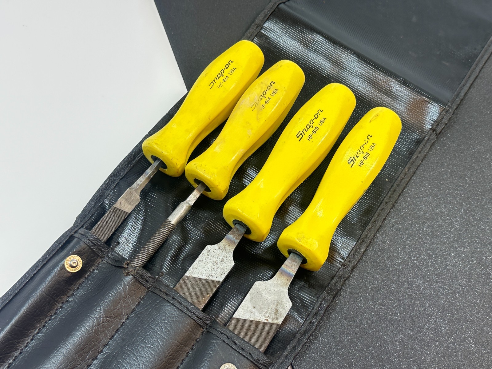 Snap-On Tools USA HBF500Y 4pc CLASSIC YELLOW Hard Handle File Set & Kit Bag RARE
