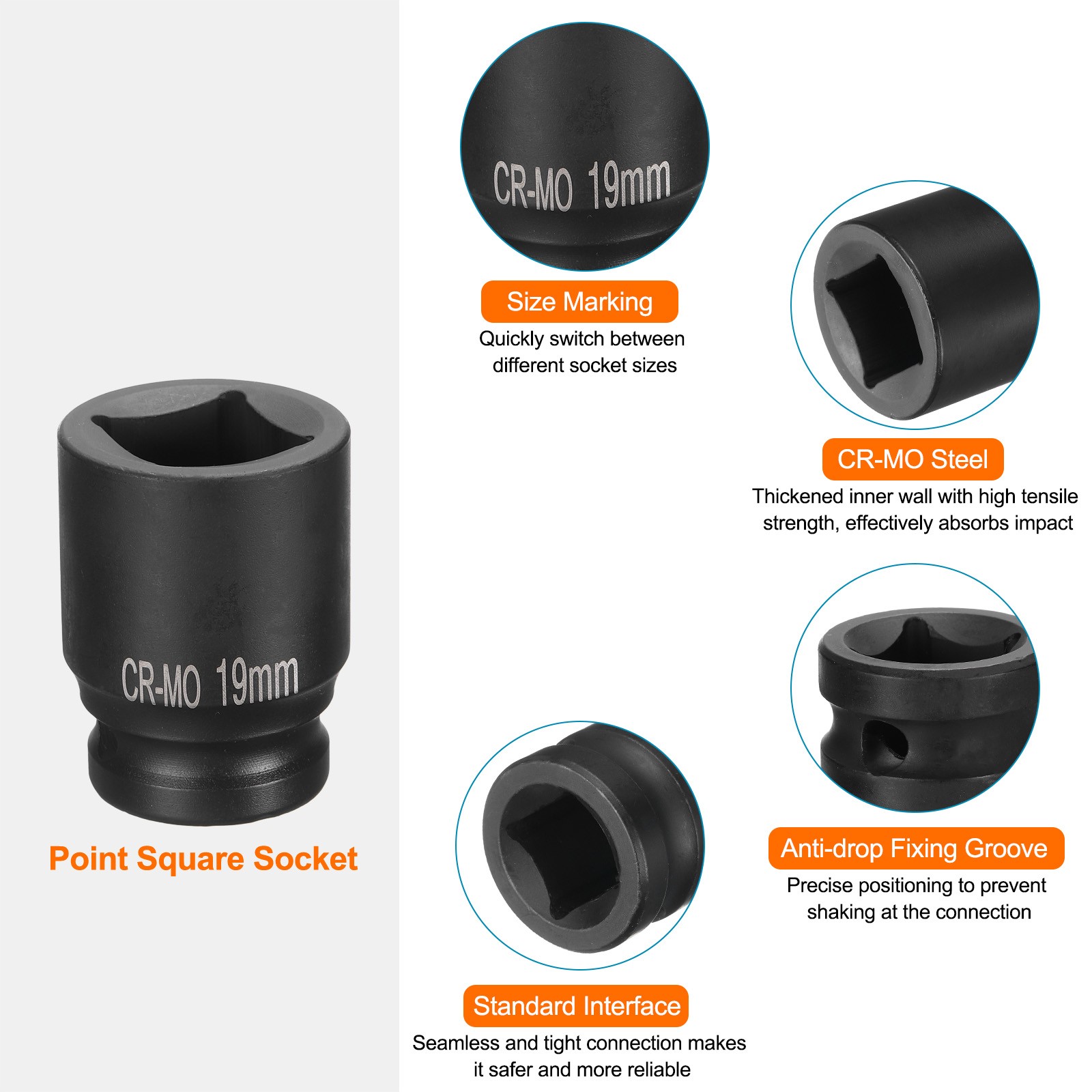 2pcs 4 Point Square Socket 1/2″ Drive 19mm Metric CR-MO Impact Wheel Socket