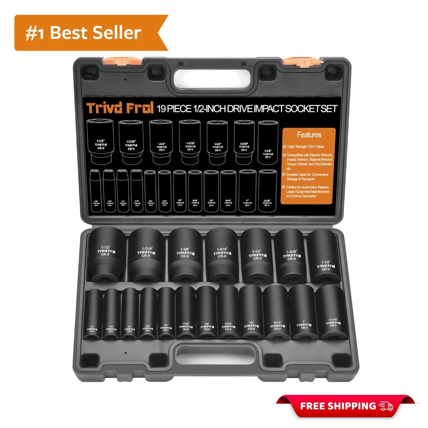 SAE Impact Socket Set – 1/2″ Drive, 19pc Deep Socket Set 3/8″ to 1-1/2″, Cr-V…