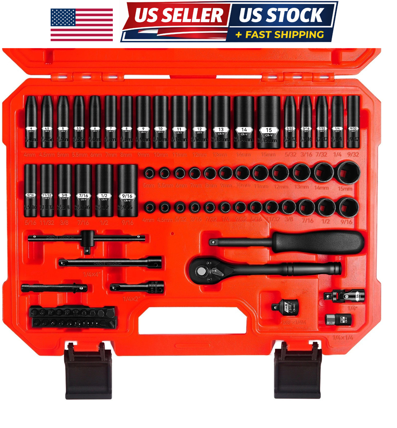 79 PCS 1/4» Drive Impact Socket Set, SAE(5/32- 9/16inch) & Metric(4-15mm) Size