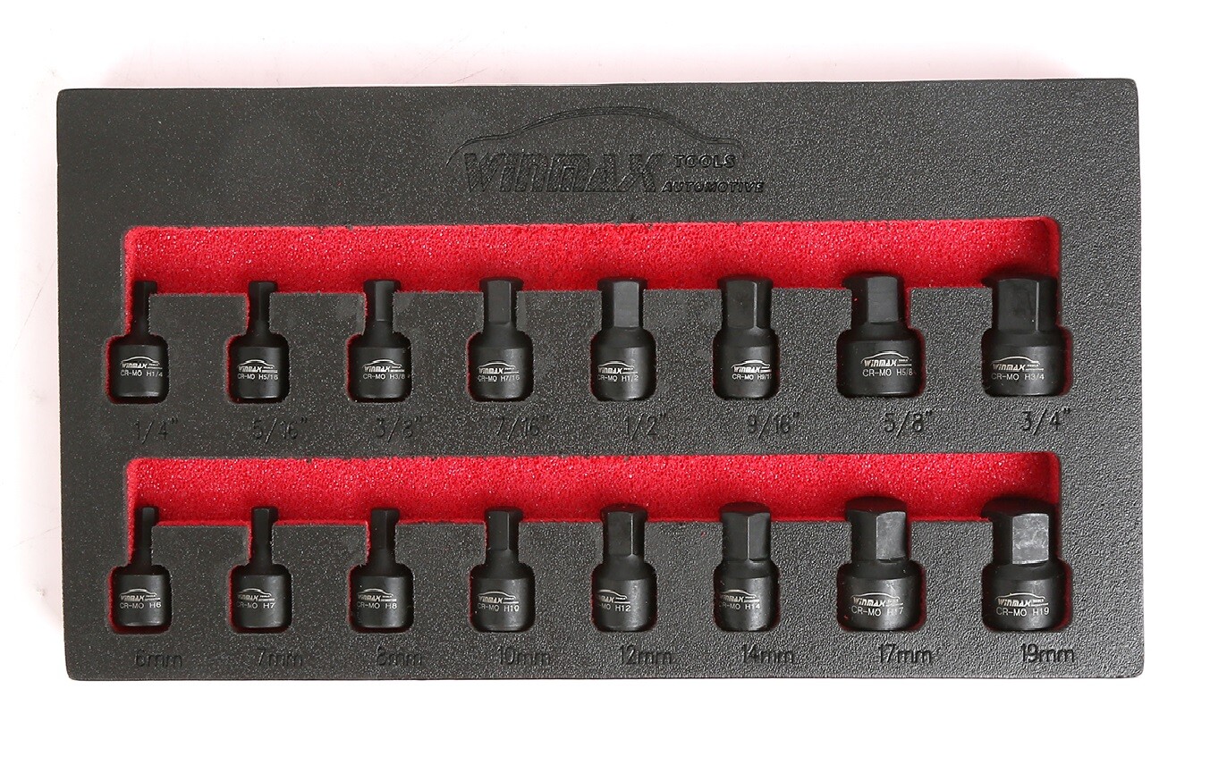 3/8″ Drive Low Profile Impact Hex Driver Set, Metric 6-19mm, SAE 1/4″-3/4″ 16pcs
