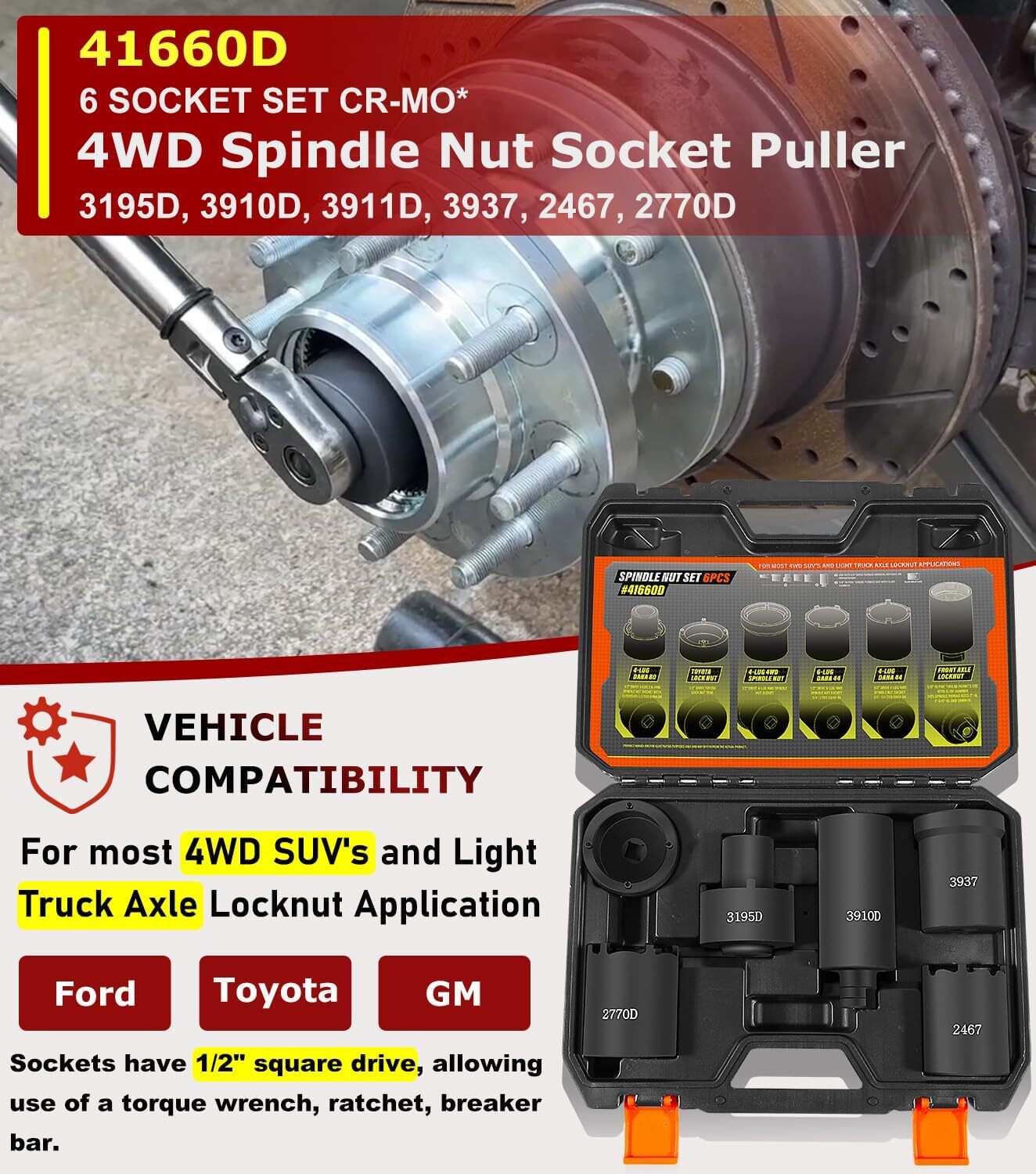 6pcs Spindle Nut Set 41660D 4WD Spindle Nut Socket Puller for Ford Dana 44/50/60
