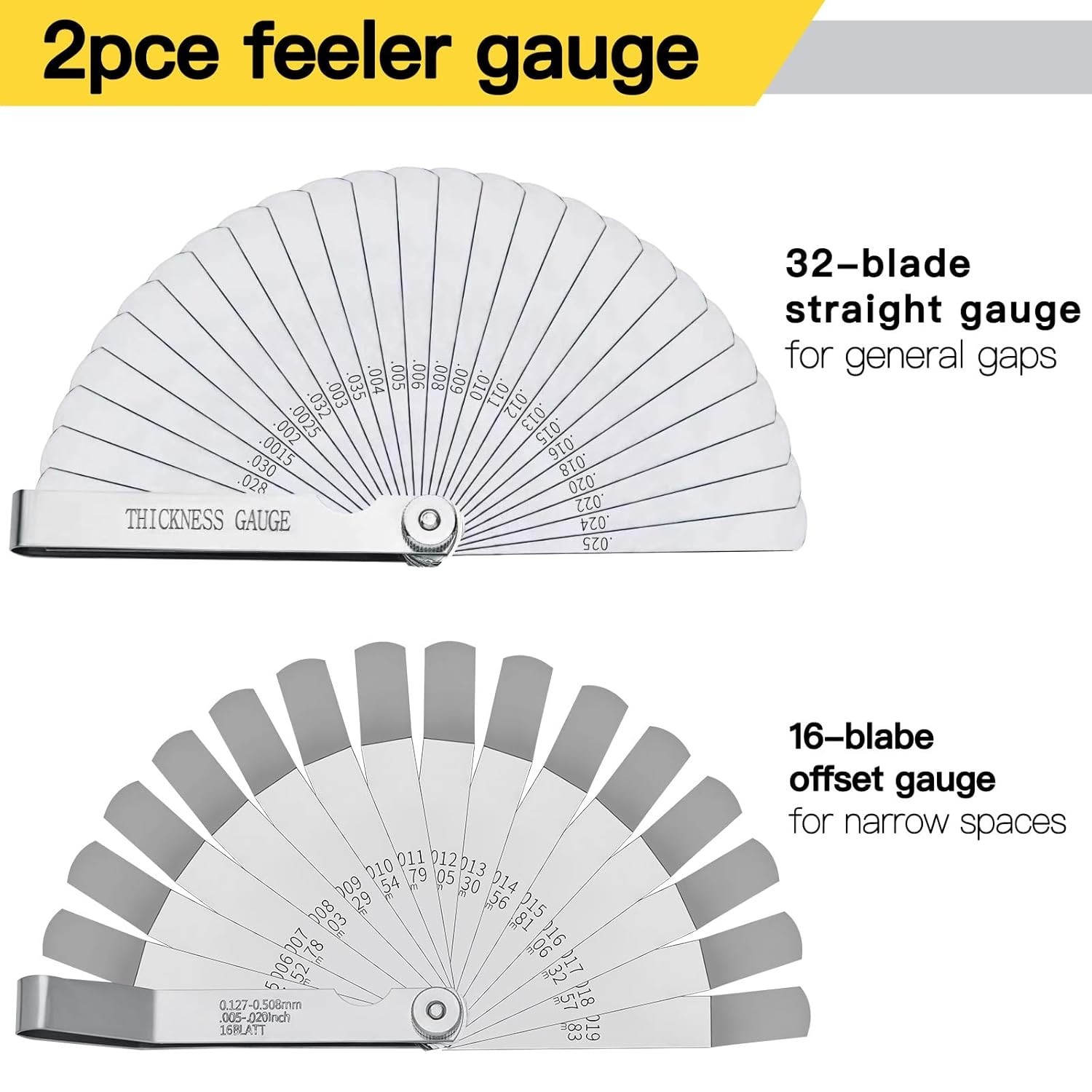 Feeler Gauge Set 2pcs Stainless Steel 32 Straight 16 Offset Blades SAE Metric