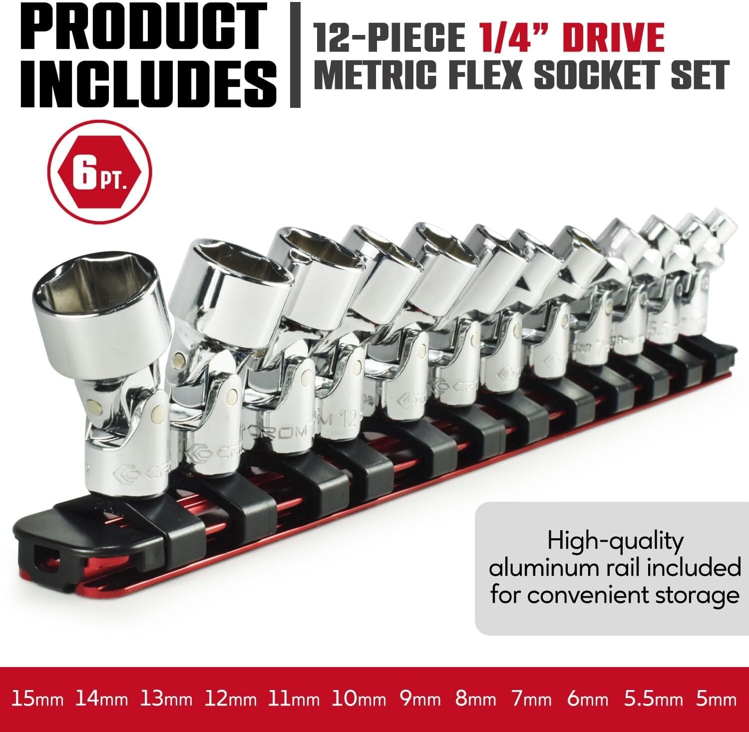 Universal Flex Socket Set – 1/4 Inch Drive 6-Point 12-Piece Swivel Socket Set