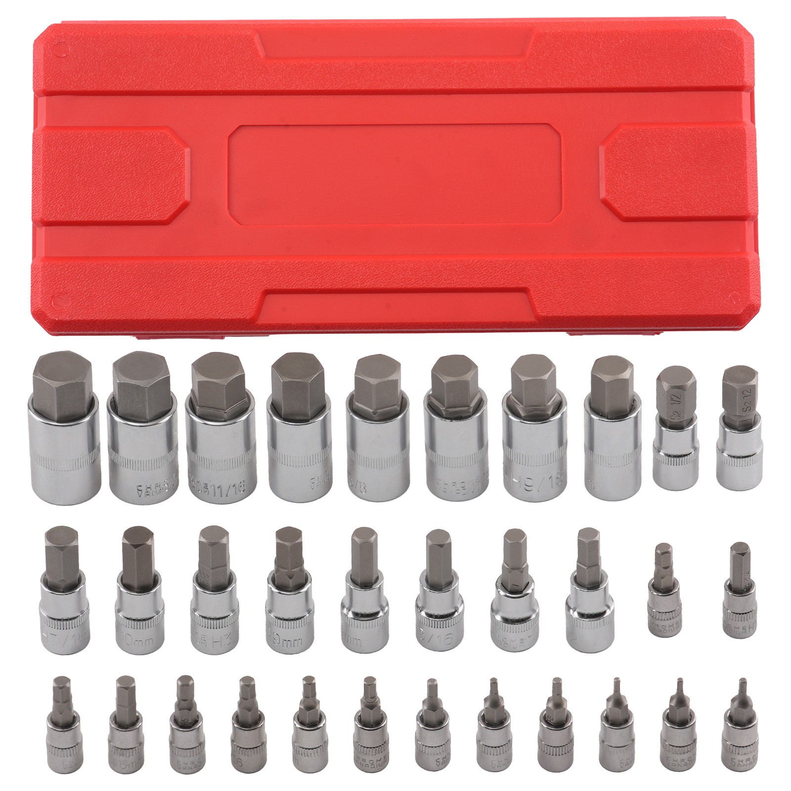 32pc S2 Steel Hex Bit Socket Set 1/4 3/8 1/2 in Drive Metric Imperial