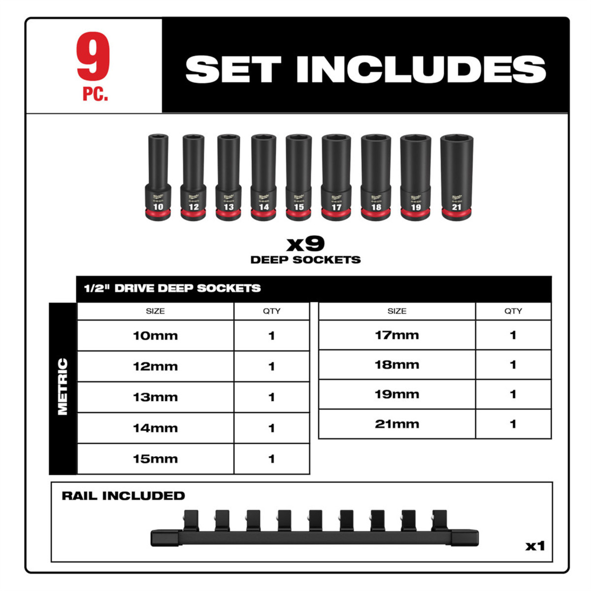 Milwaukee Tool 9PC SHOCKWAVE Impact Duty 1/2″ Drive Metric Deep 6 Point Socket S