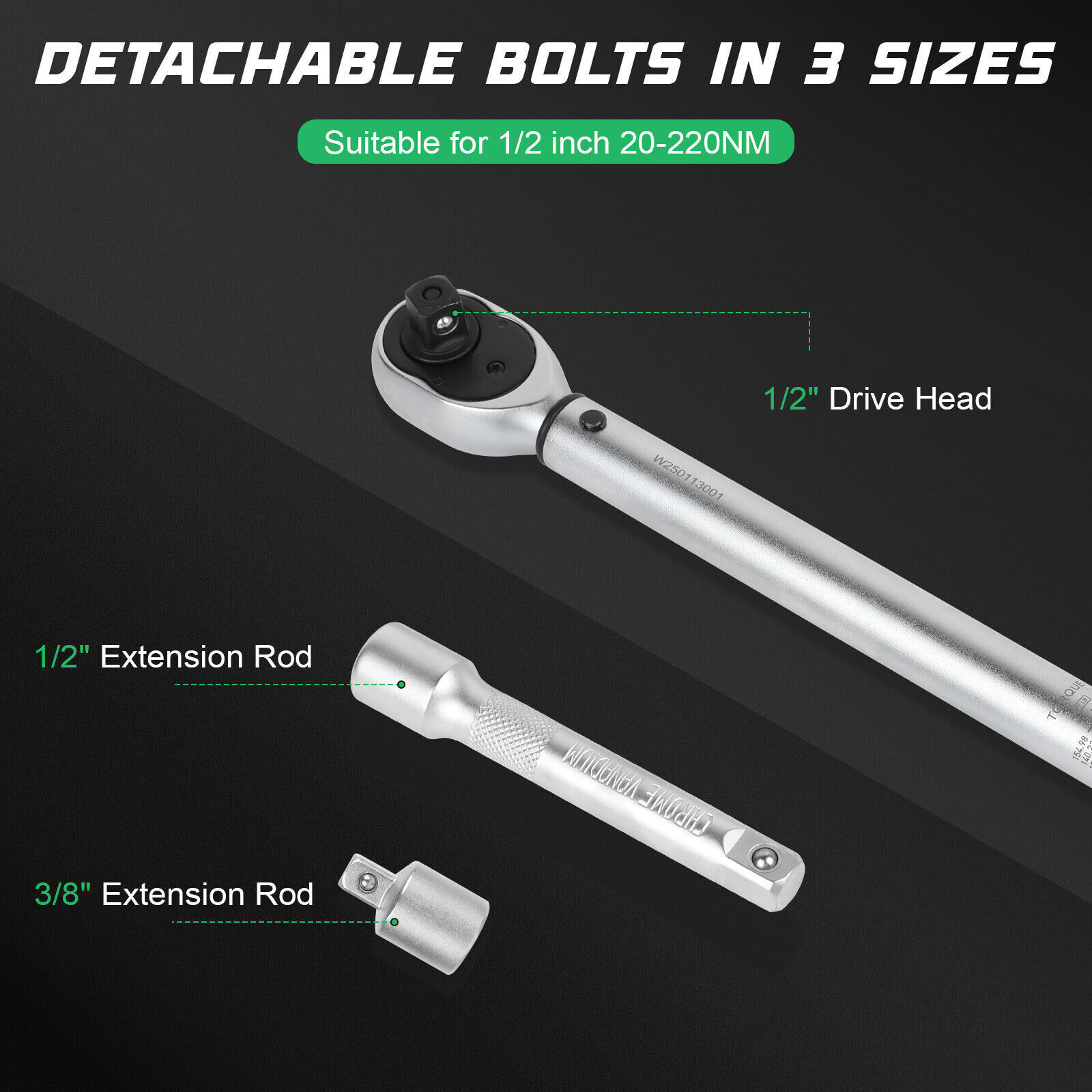 1/2″ Drive Click Torque Wrench Snap Socket Ratcheting 14.76~162 FT-LB/20~220N.M