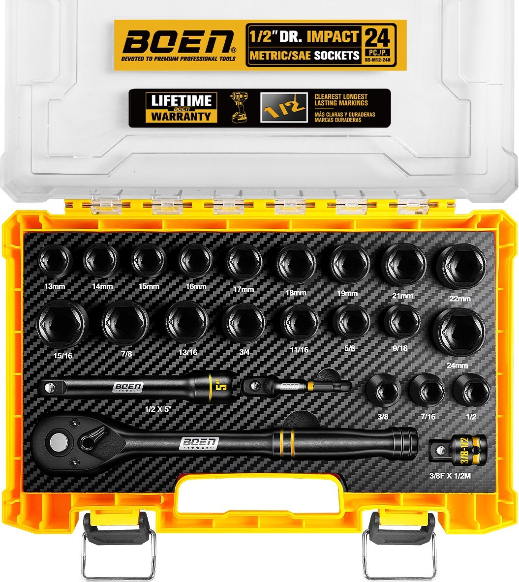 Boen 24-Piece 1/2″ Drive Socket Set, SAE (3/8″ to 15/16″) &Metric (10mm-24mm)