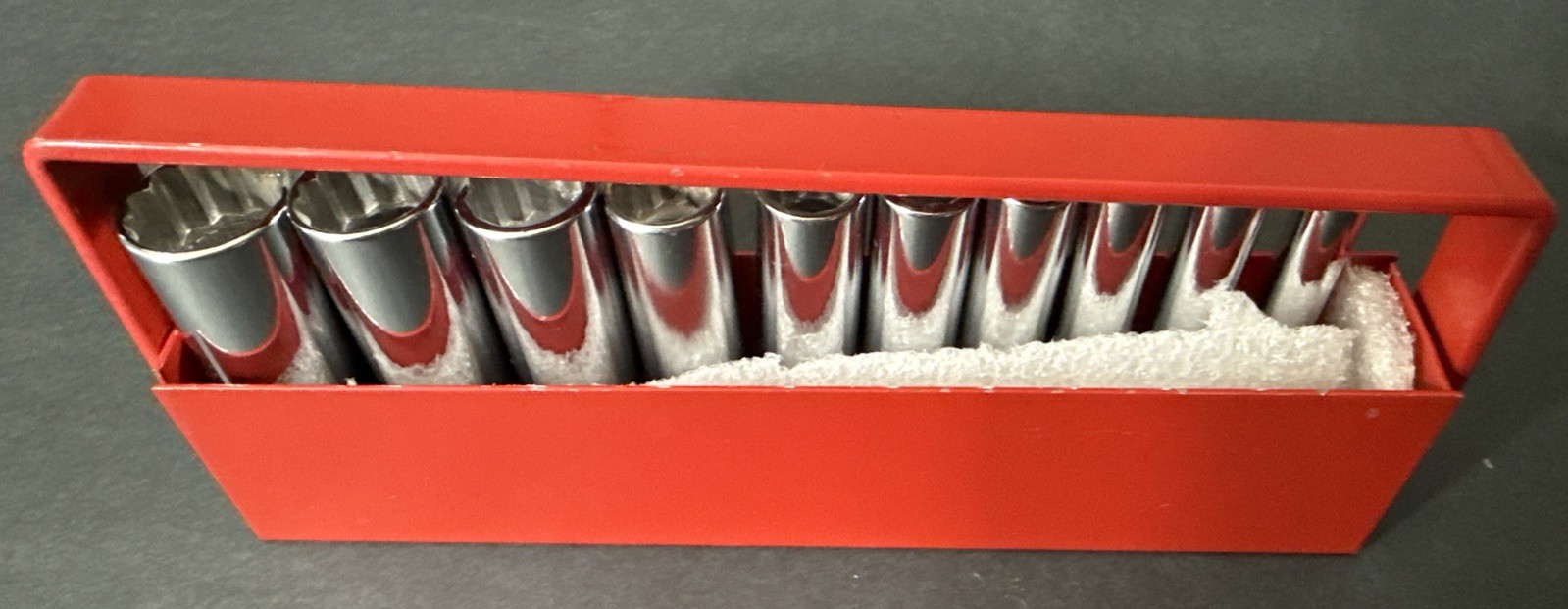 NOS VINTAGE WRIGHT TOOL 1/4” SAE DEEP 10pc SOCKET SET W/ RED RAIL 3/16” – 9/16”