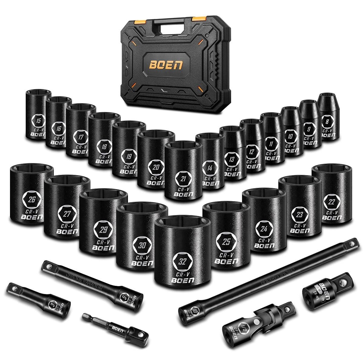 29PCS 1/2” Drive Metric Socket Set, 8mm-32mm, Impact Shallow 6 Point Lug Nut Too