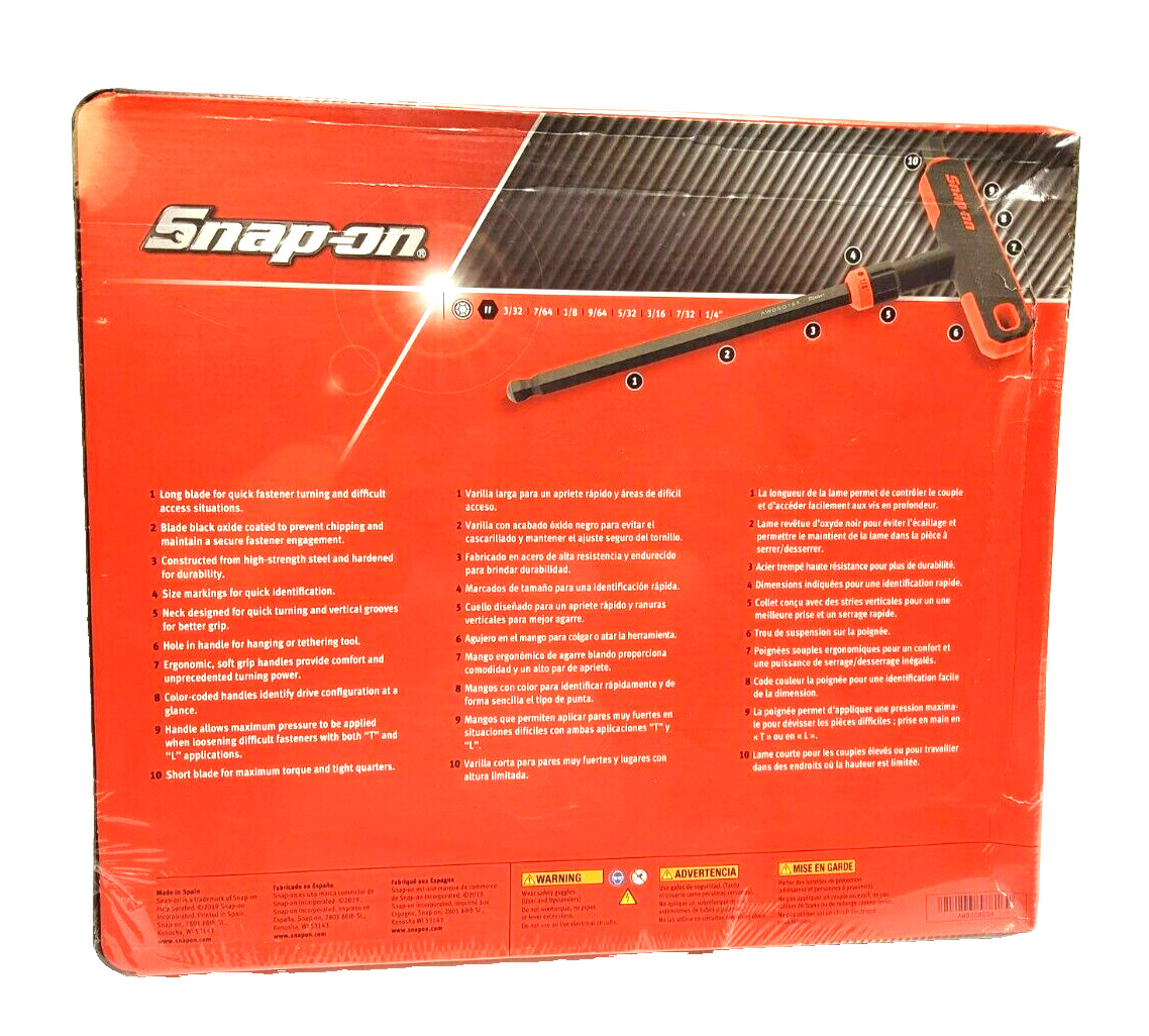 New Snap-on™ 3/32″ – 1/4″ 8pc T- L-Shape End Allen Hex Driver Key Set AWSG800A