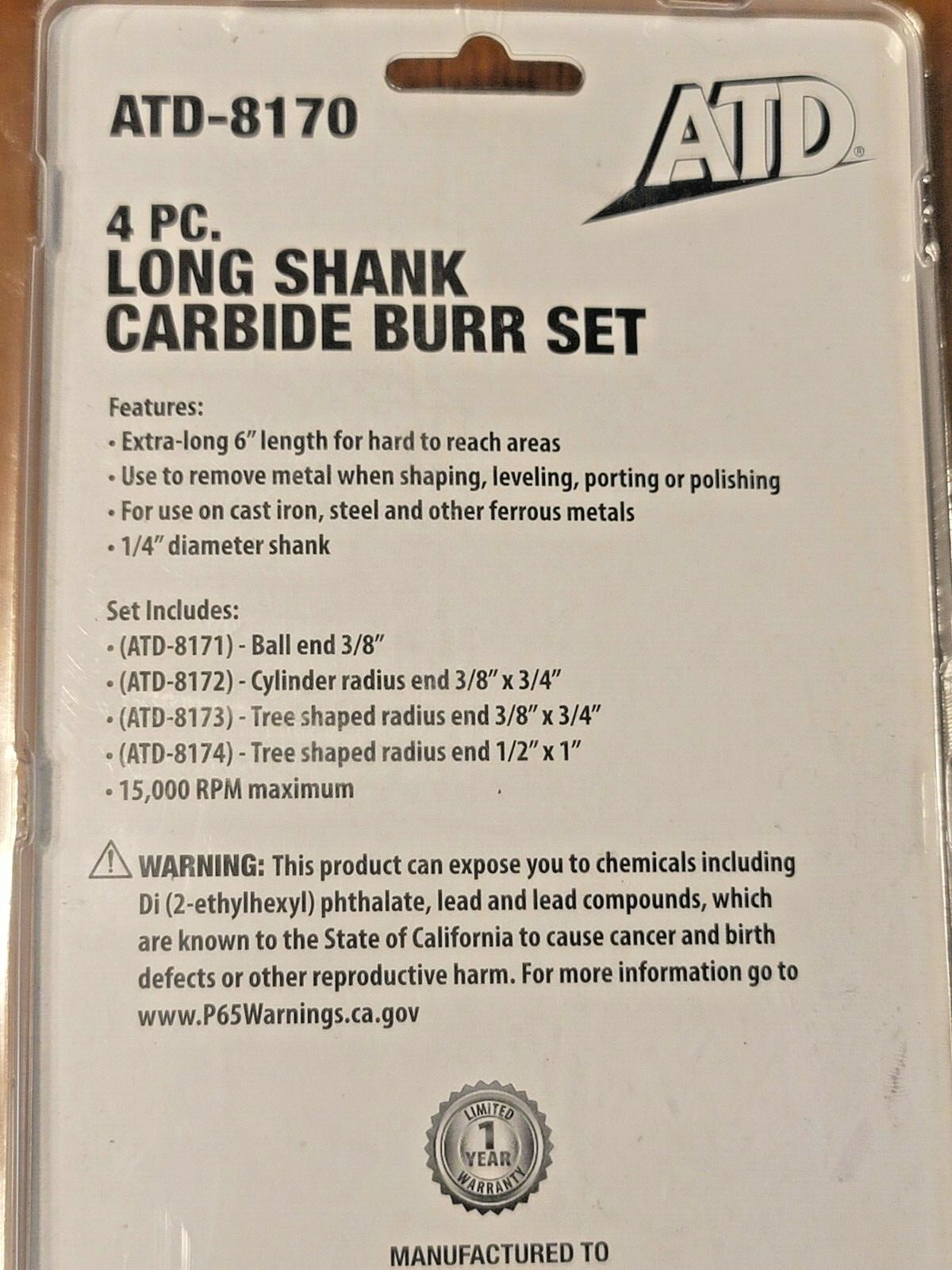 ATD 4pc Automotive 6″ Long 1/4″ Shank Double Cut Carbide Burr Set w/Pouch #8170