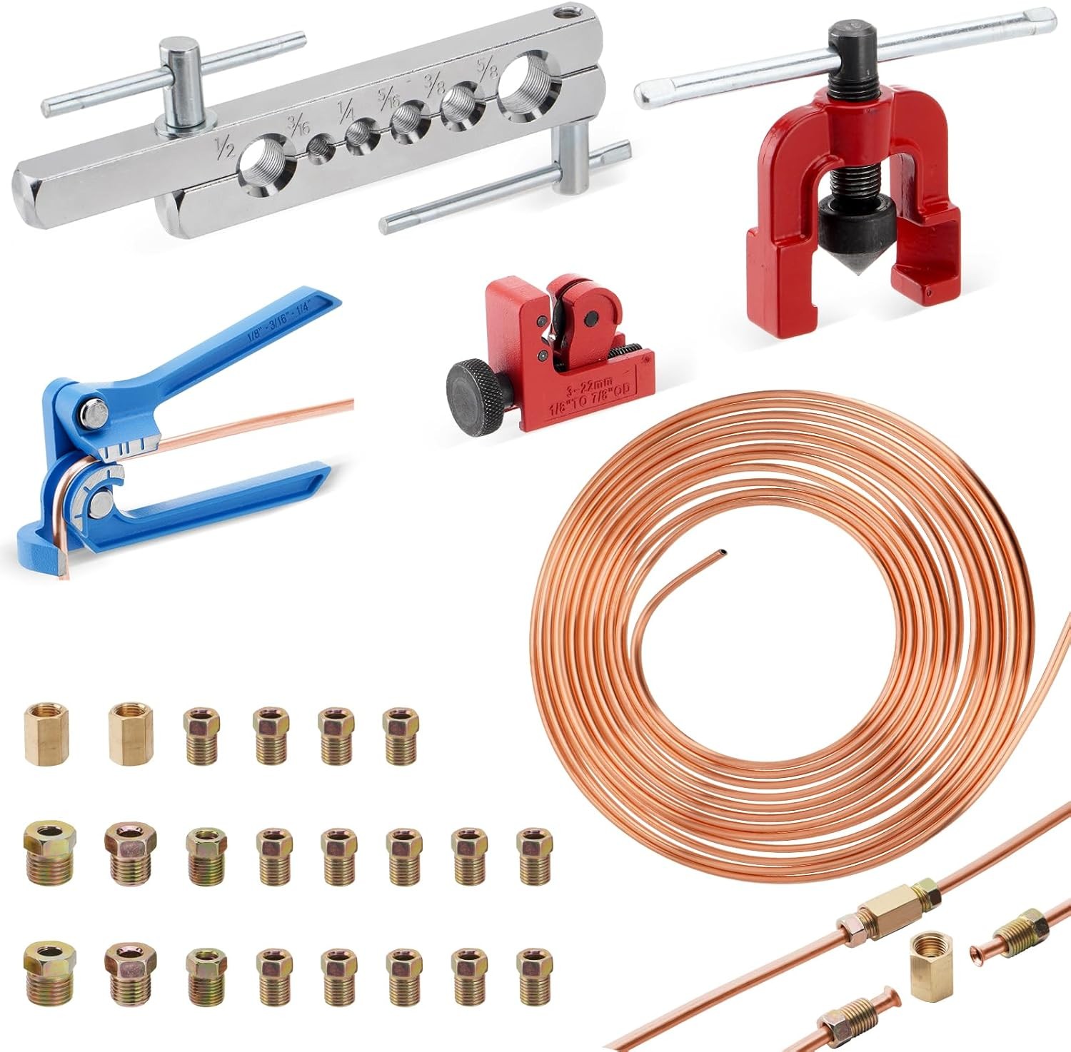 Brake Line Pipe Repair Kit 3/16 25ft Copper Pipe & Flaring Tool 20 Nuts Fittings