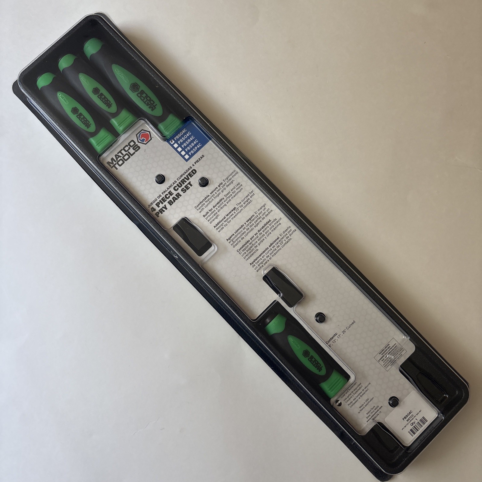 Matco PBSG4C 4pc Green Curved Tip Prybar Set in Storage Tray – 8» 12» 17» 25″
