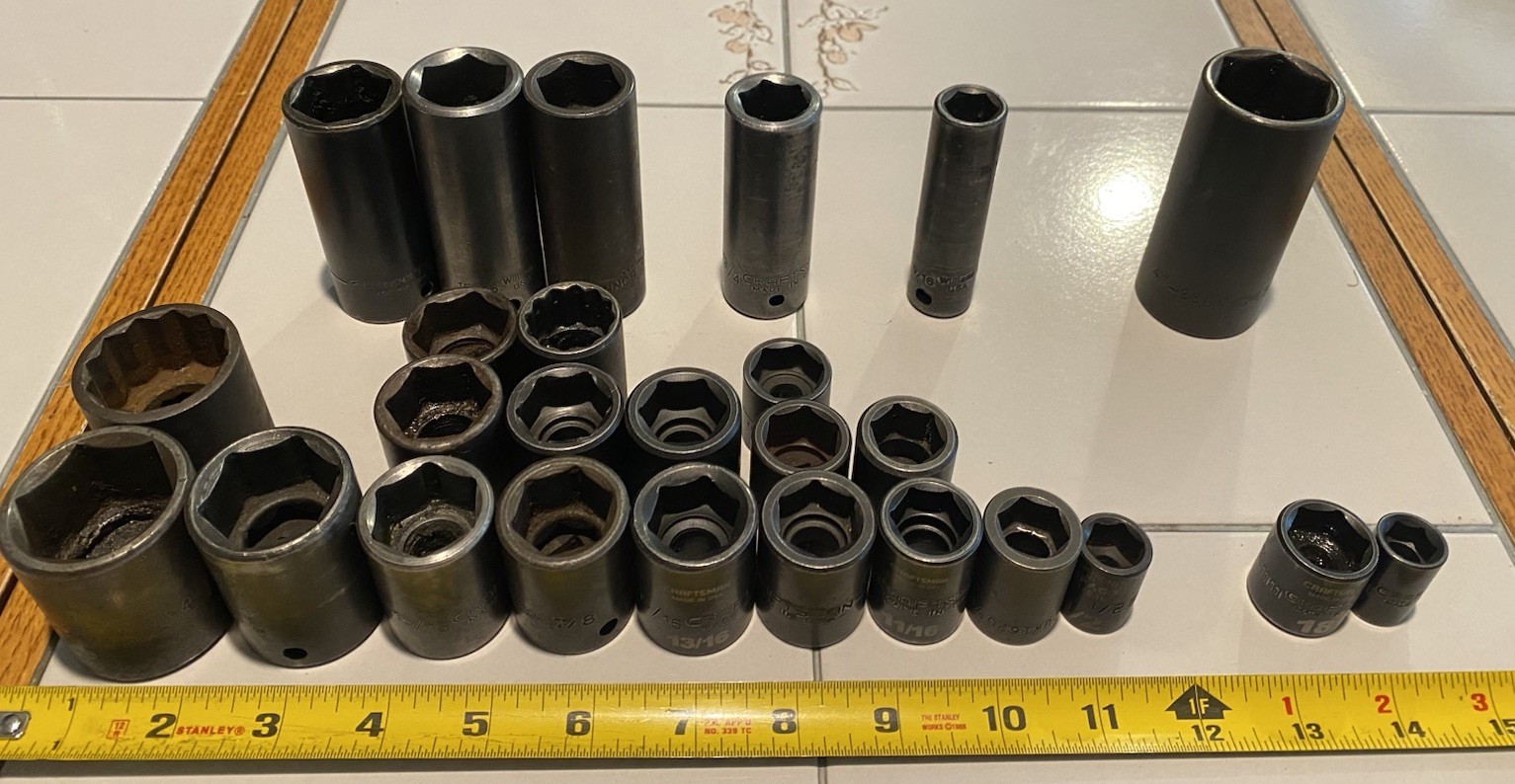 Lot of 24 USA made Impact Sockets 1/2” to 1-1/4” 30mm Armstrong Craftsman etc
