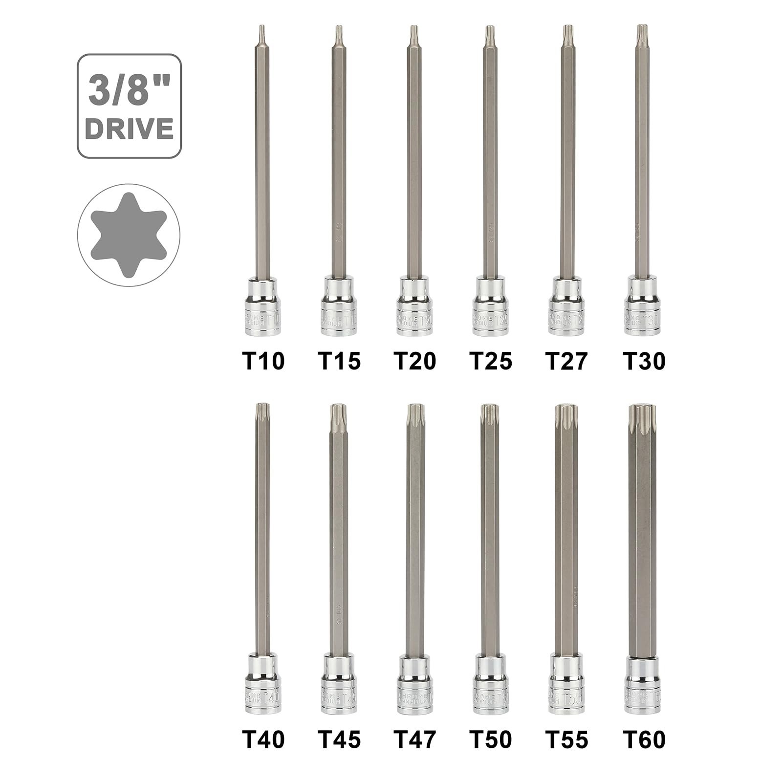 12PCS Extra Long Torx Bit Socket Set T10-T60, 3/8″ Drive, CR-V S2 Steel, Deep 5.