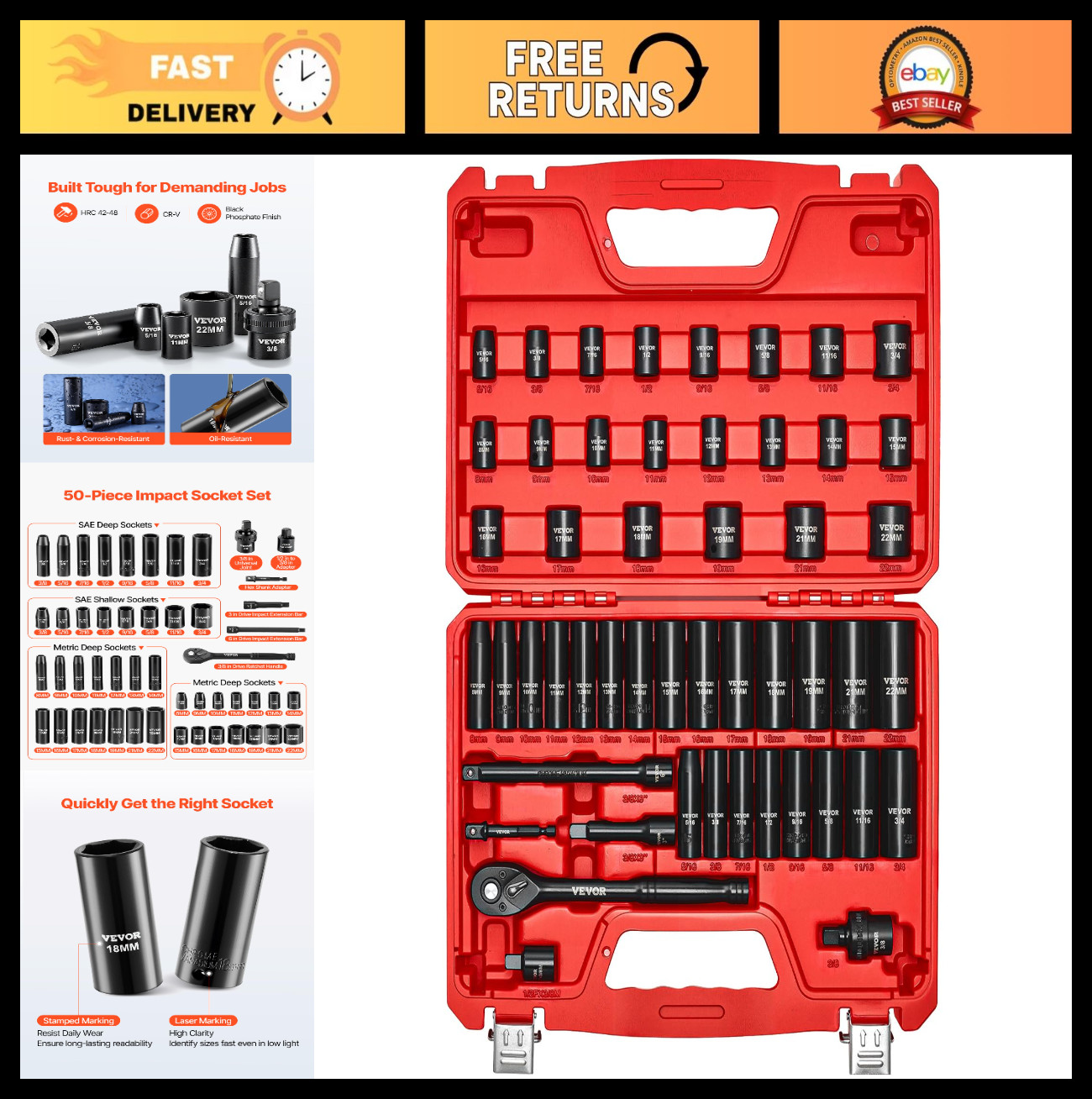50-Piece 3/8″ Drive Impact Socket Set – SAE & Metric, Deep/Shallow, 6 Point, Rat