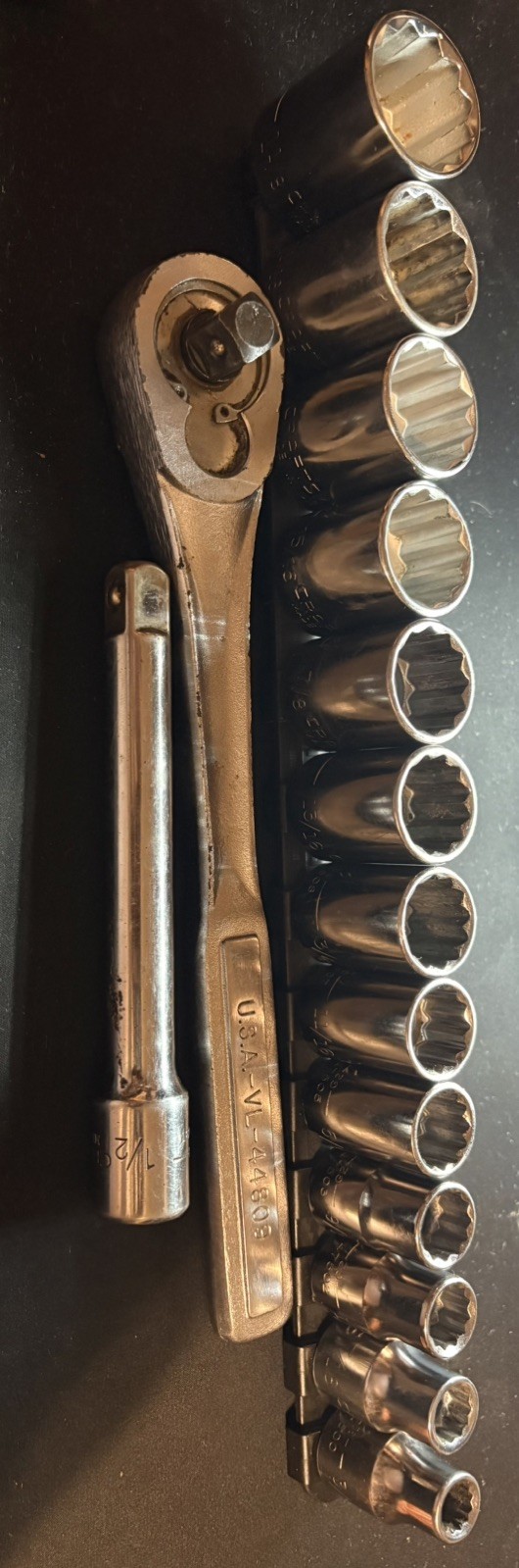 Vintage Craftsman USA 1/2” Drive Complete Socket Set 3/8-1-1/8 w/44809 Ratchet