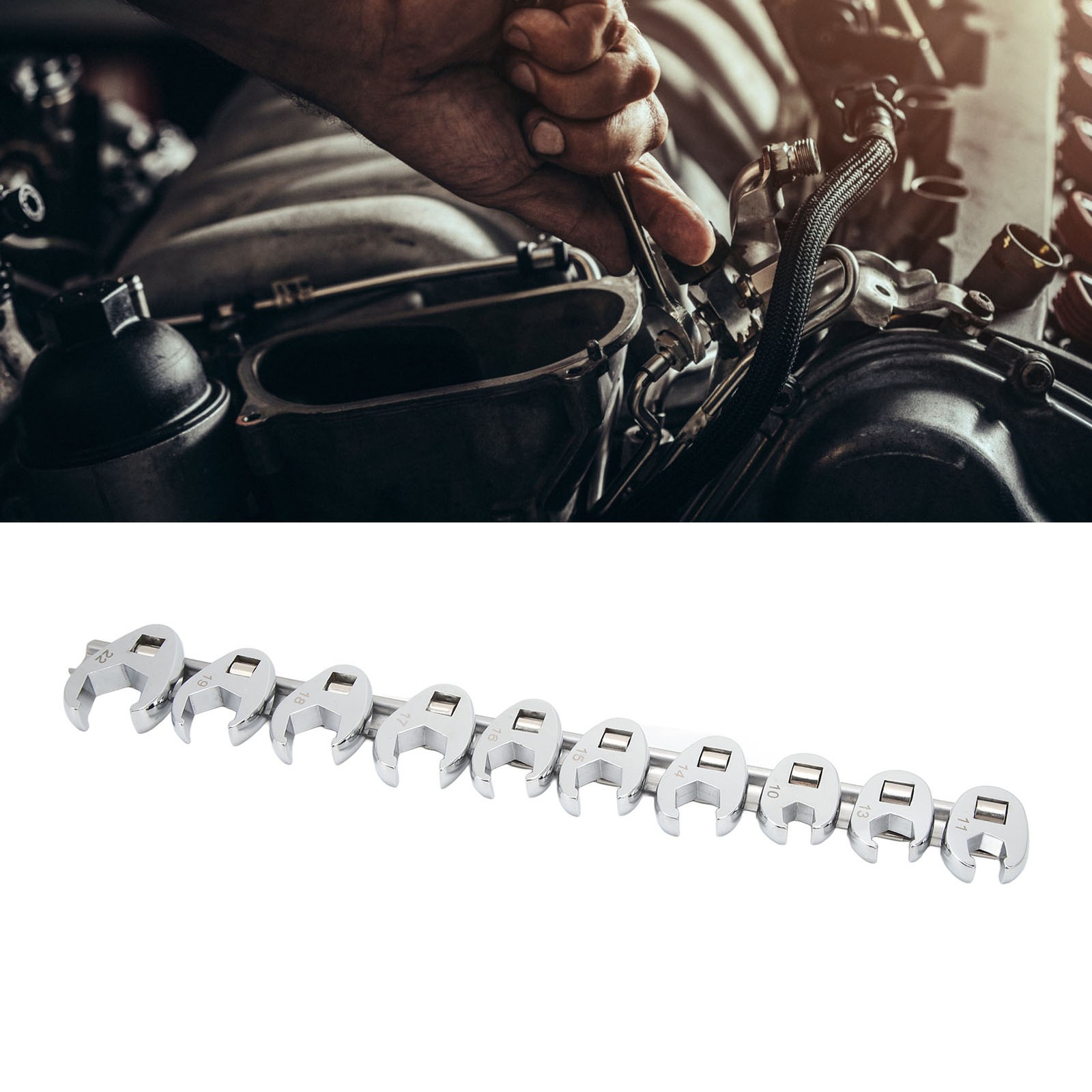 Car 10pcs Crows Foot Wrench Set 10mm To 22mm Sizes Metric Nut Wrench For 3/8in