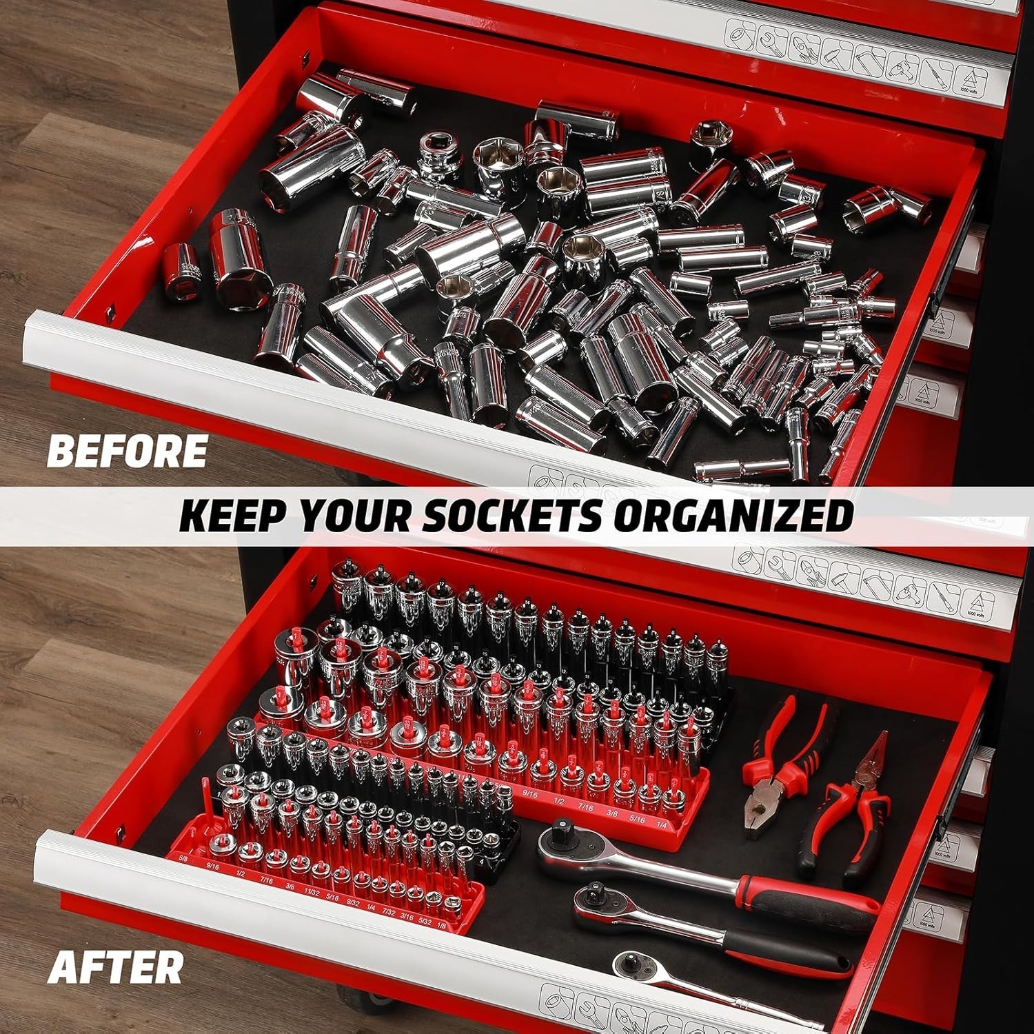 1/4-Inch & 3/8-Inch Drive Socket Organizer Trays, 4-Piece SAE and Metric Sock…