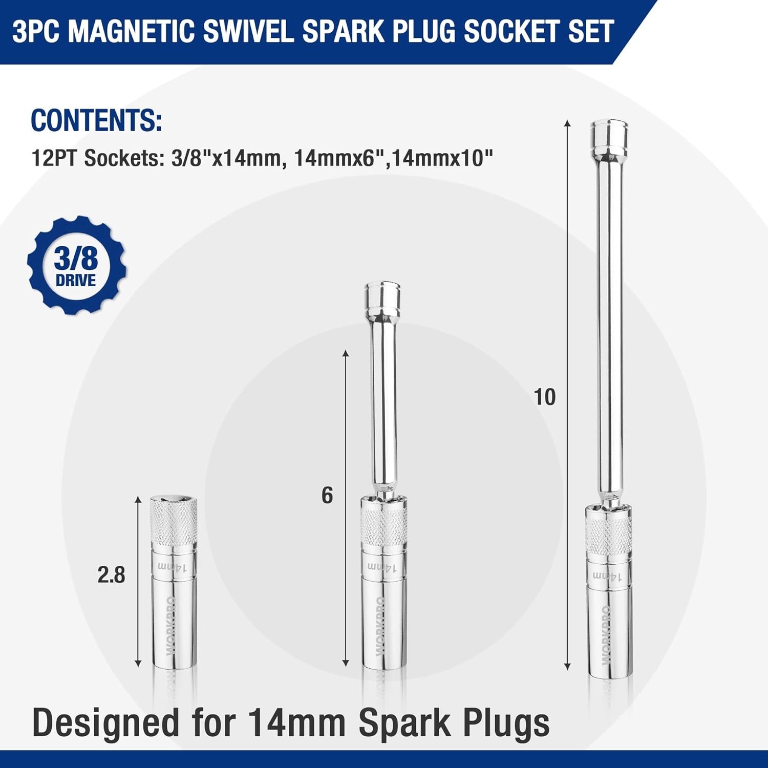 3PC 14mm Spark Plug Socket Set with Magnetic Swivel and 6-10 Inch Extensions