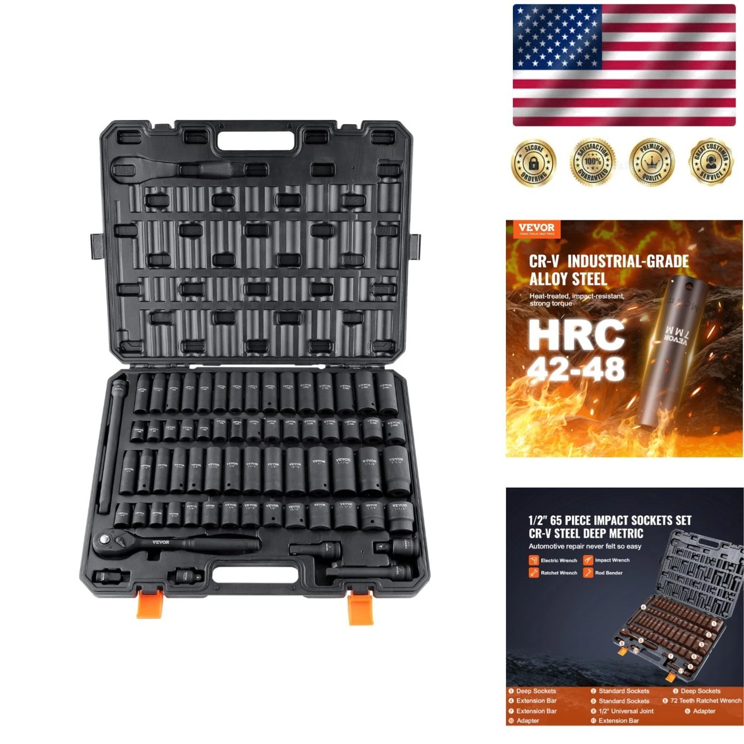 65 Piece Metric & SAE Impact Socket Set – 1/2″ Drive Cr-V Steel Quality