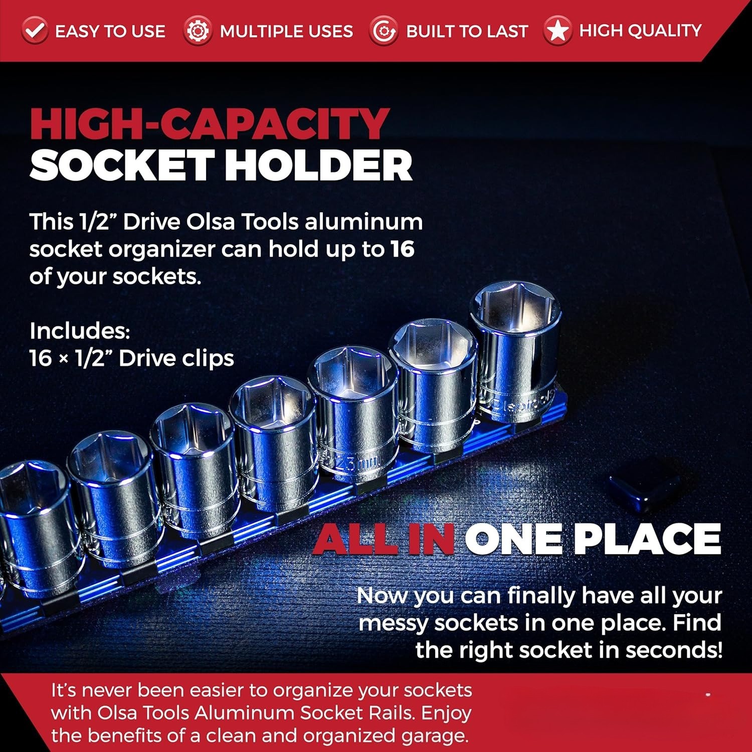 Socket Organizer – 1/2-Inch Drive Socket Holder Rail – Blue Aluminum Socket Rail