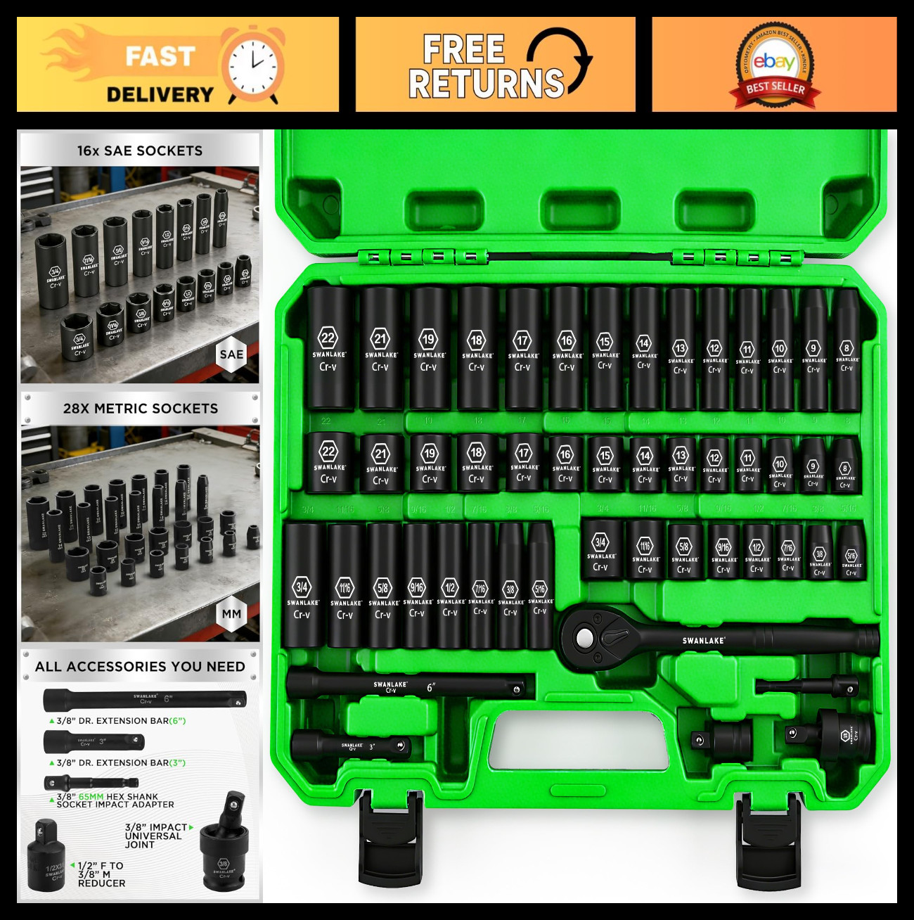 50-Piece Impact Socket Set, 3/8″ Drive, SAE & Metric, 6 Point, Cr-V, Ratchet & E