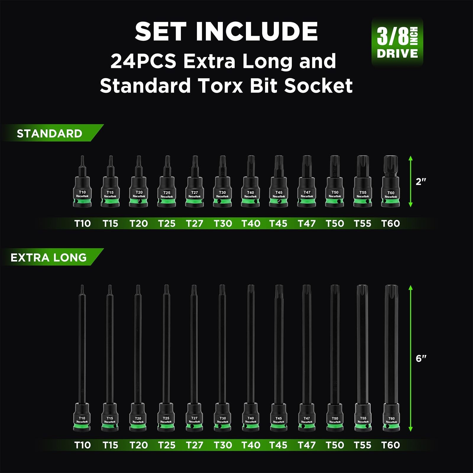 Extra Long 24PCS Torx Bit Socket Set, 3/8″ Drive S2 Alloy Steel, T10-T60, CR-V,