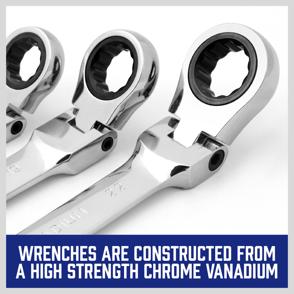 10pcs Flex-Head Ratcheting Combination Wrench Set 8-22mm Duo Metric Portable Bag