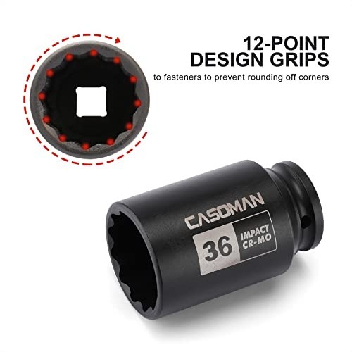CASOMAN 1/2″ Drive x 36 mm Deep 12 PT Impact Socket, CR-MO, 1/2-inch Drive 12