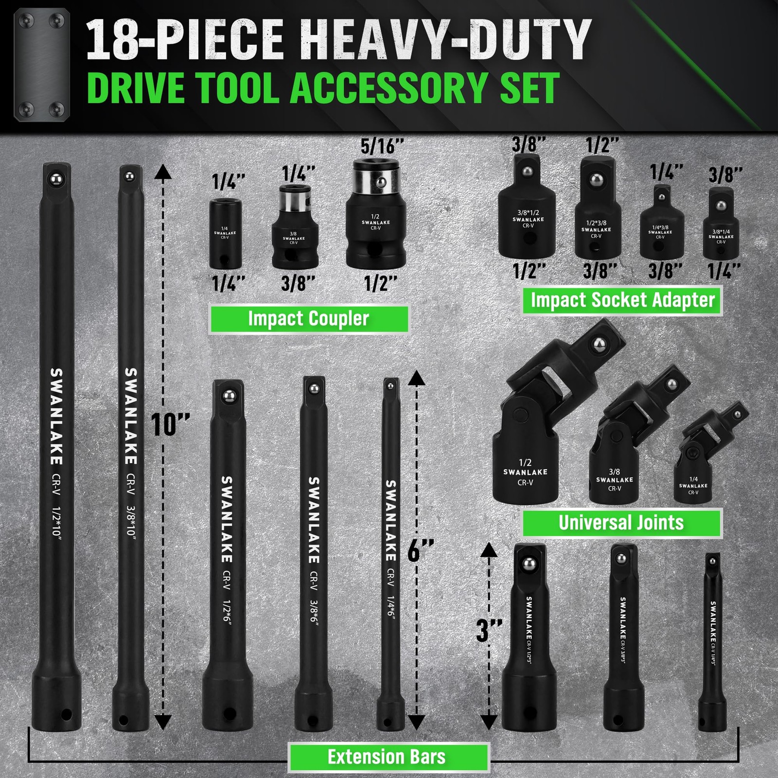 18-piece Impact Socket Extension Set Tools, Swivel Universal Joint, 18PCS