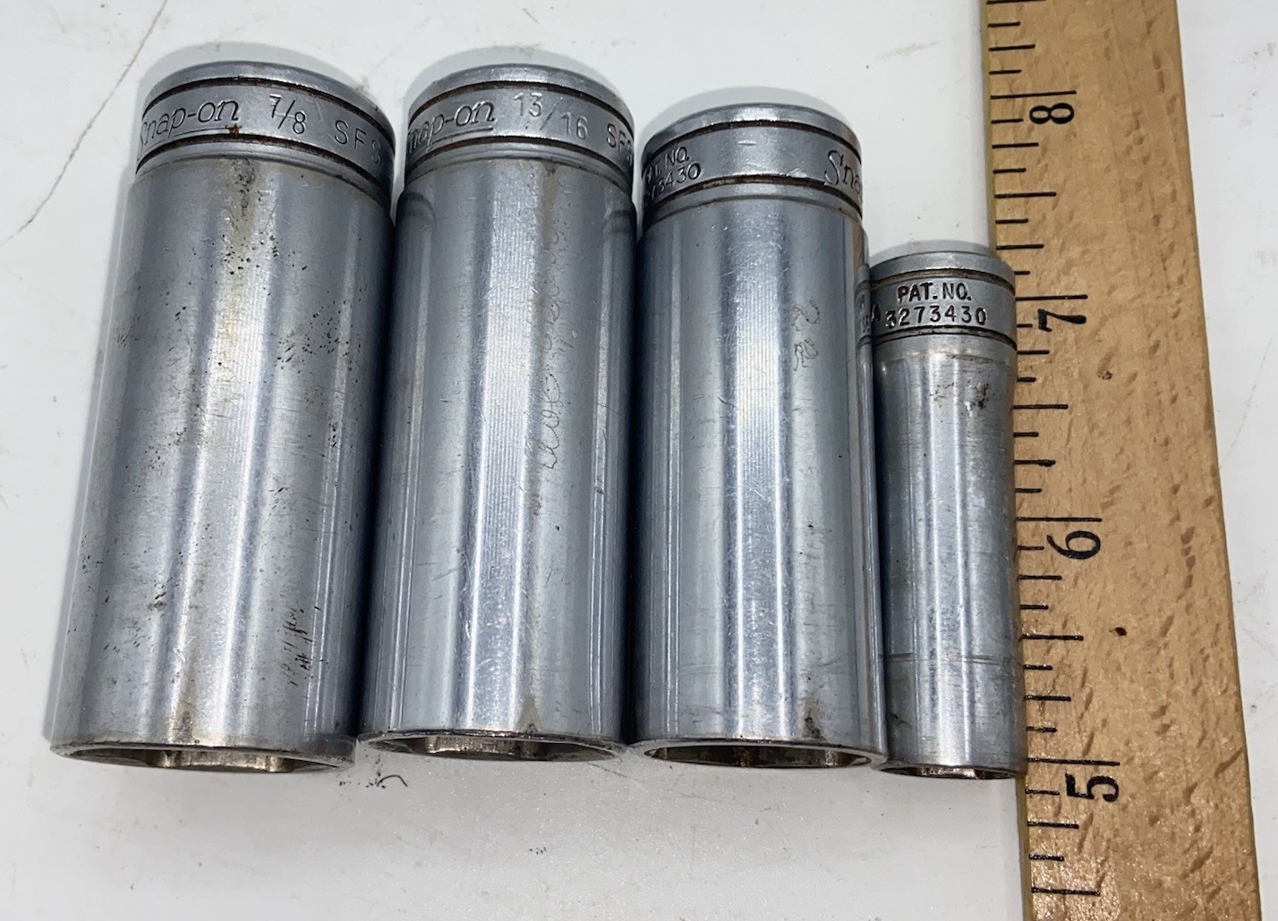 Snap-On 3/8″ Drive SAE Socket Deep Well 6 PT 4 pieces 7/16”, 7/8”, 3/4”, 13/16”