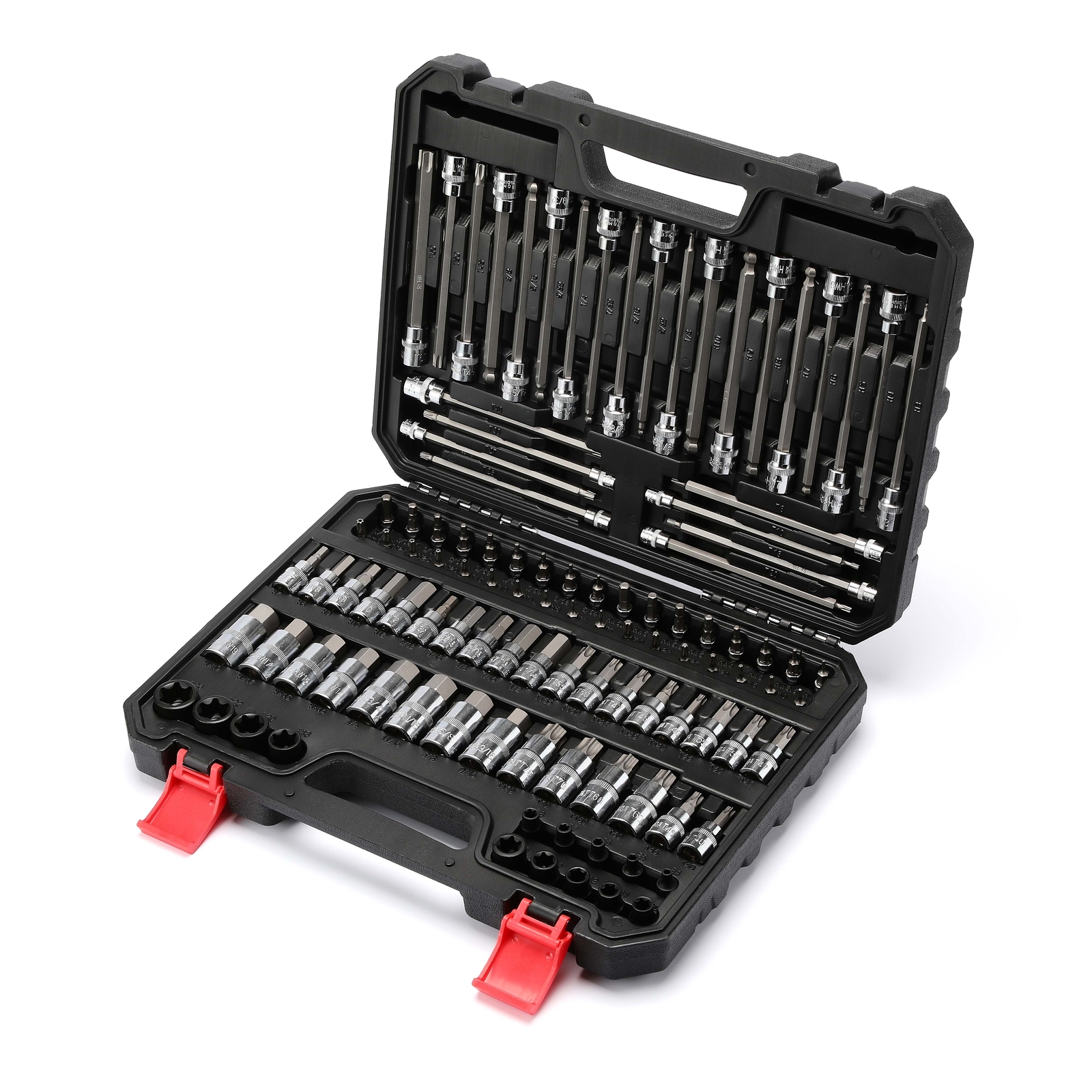 107 Pcs Bit Socket Set 1/4″,3/8″,1/2″ Drive Torx/Extra Long SAE/Metric