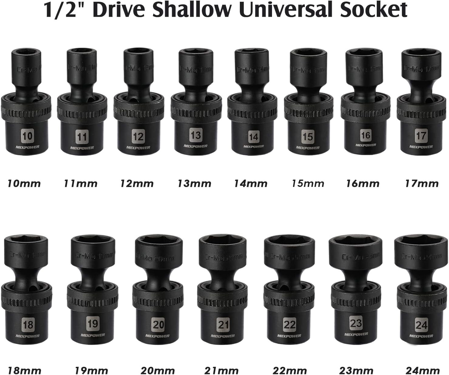 15-Piece 1/2″ Drive Metric Impact Socket Set – Chrome Moly Steel, Wobble Design=
