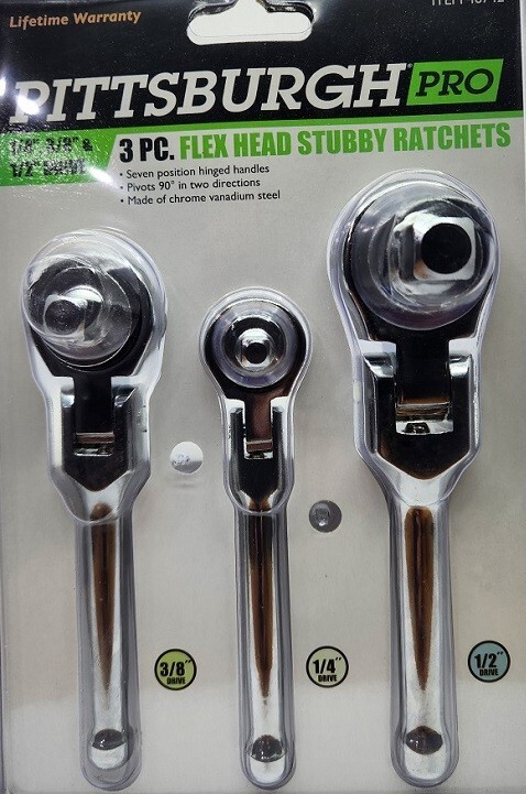 3 Piece Stubby Flexible Swivel Head Flex Head Ratchet Set- 3 Sizes Chrome