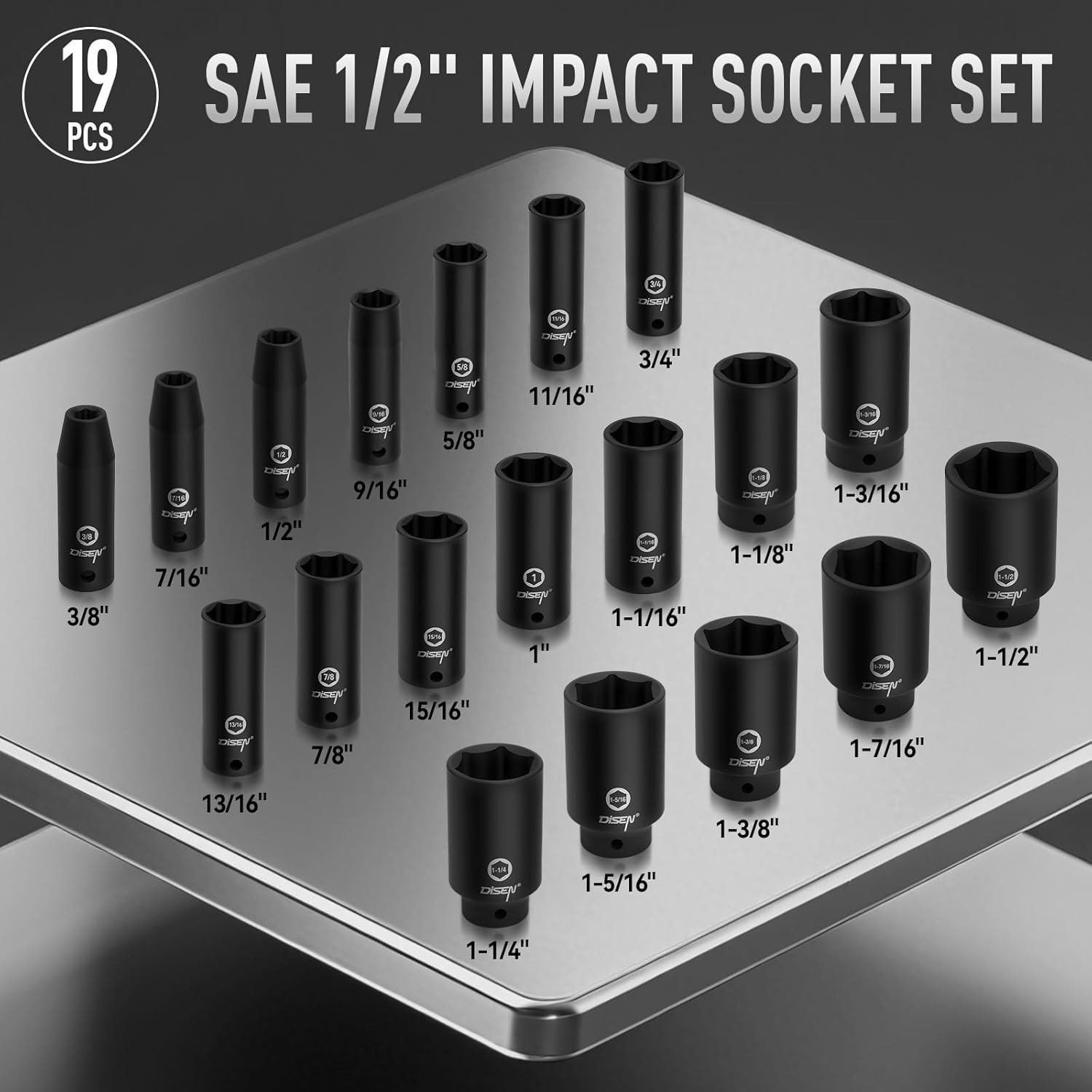 19 Pcs 1/2″ SAE Impact Socket Set, Deep Sockets 3/8″- 1-1/2″, 6-Point Cr-V & …