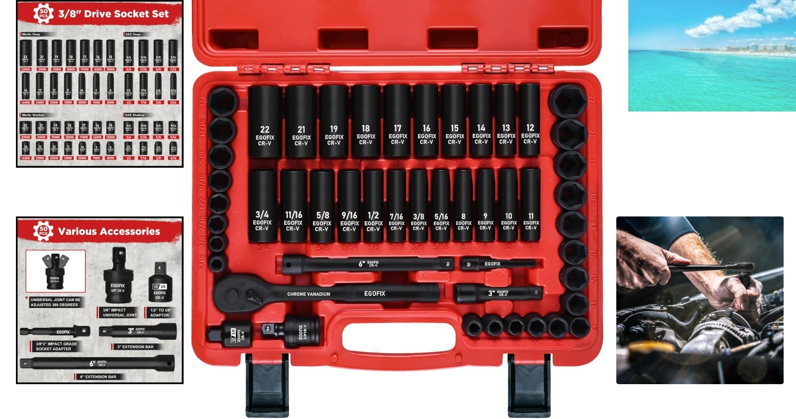 Pro Quality 50-Piece 3/8″ Drive Socket Set – Ratchet, Joints & Adapters Included