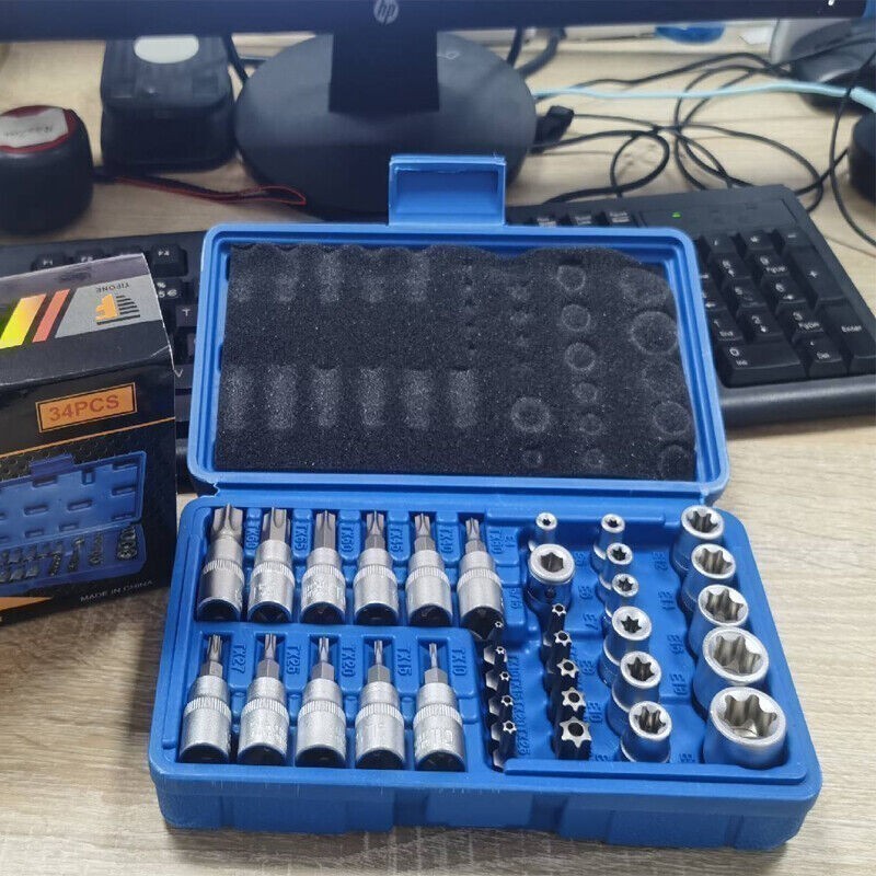 34pcs Torx Star Socket & Bit Set Male Female E & T Sockets Torx Bits with Case