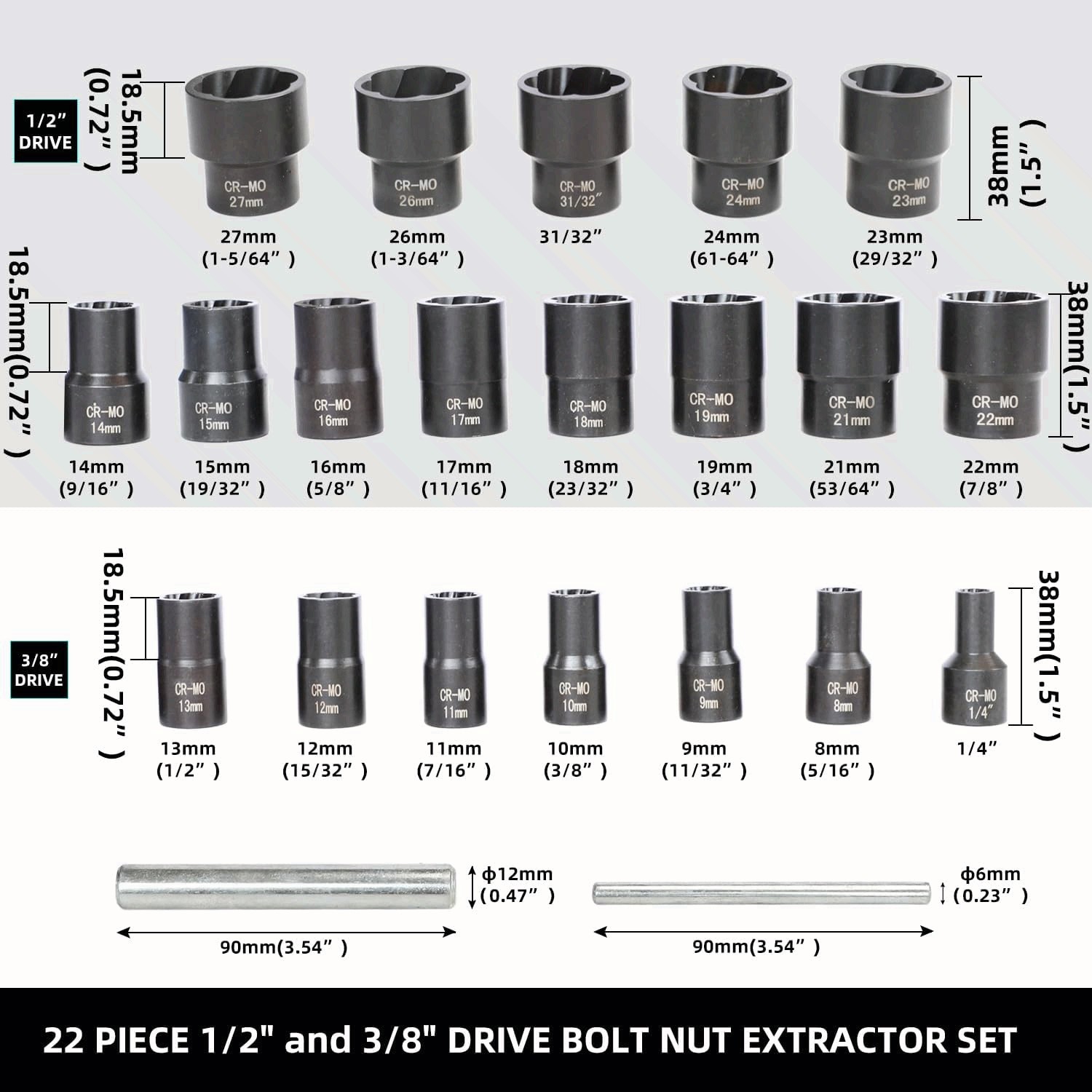 22 Piece Bolt Nut Extractor Set, 1/2″ and 3/8″ Drive Impact Lug Nut Remover