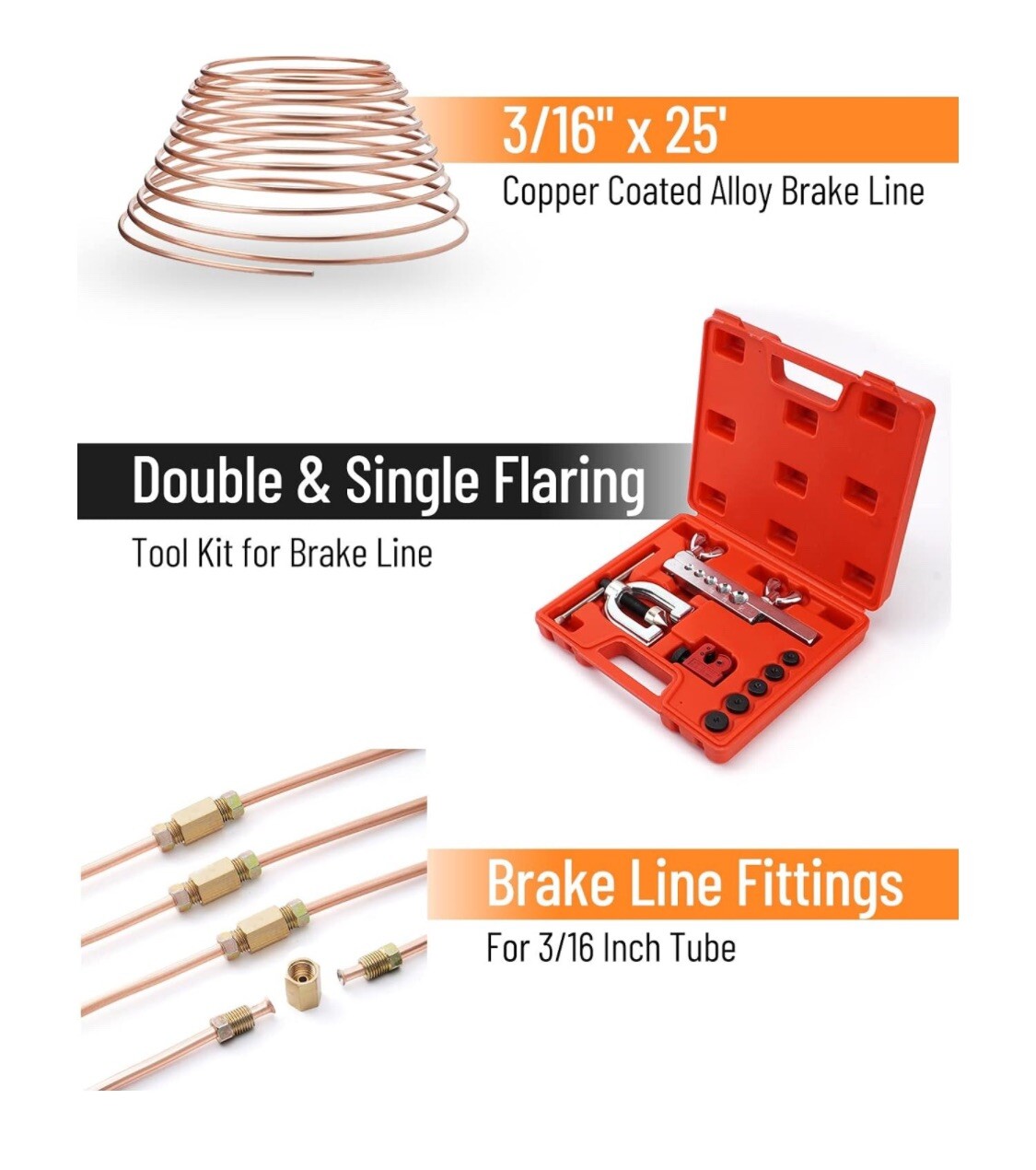RACEWILL 25 ft 3/16 Copper Coated Brake Line Kit w/ Double & Single Flaring Tool