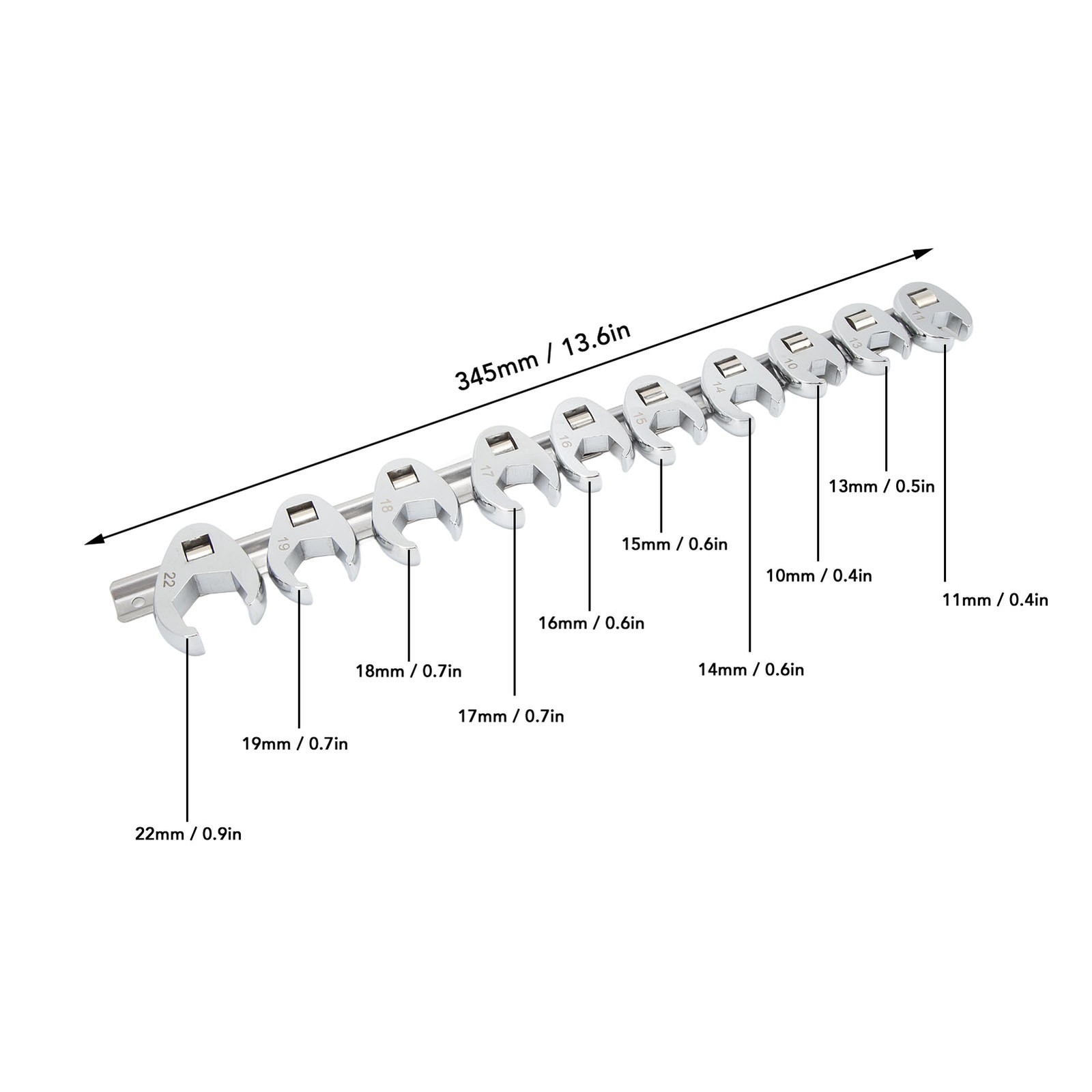 Car 10pcs Crows Foot Wrench Set 10mm To 22mm Sizes Metric Nut Wrench For 3/8in