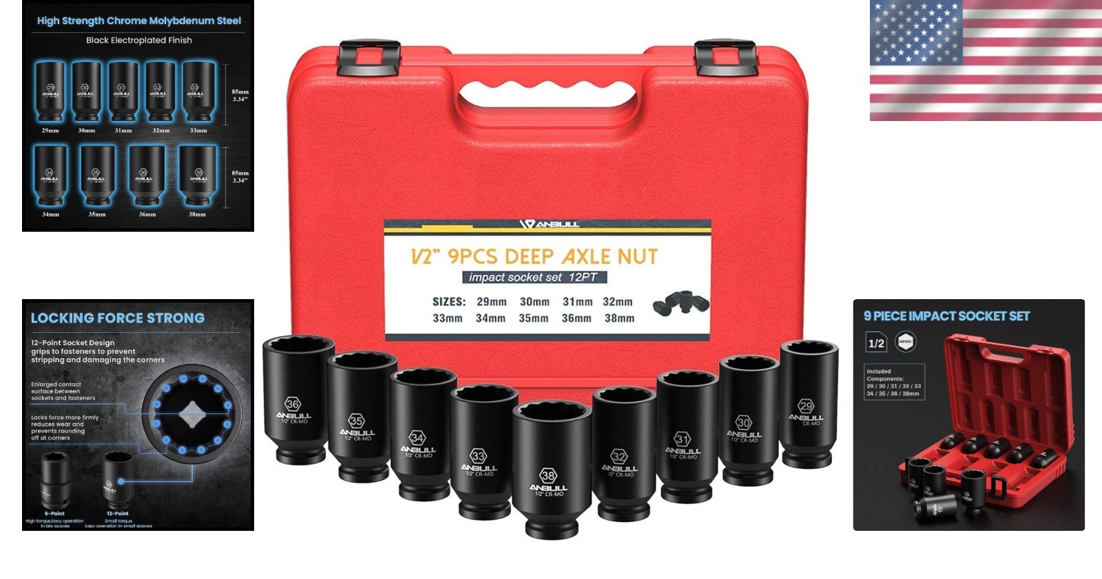 Heavy Duty 1/2″ Deep Impact Socket Set 9PC CR-MO 12-Point Anti-Corrosion