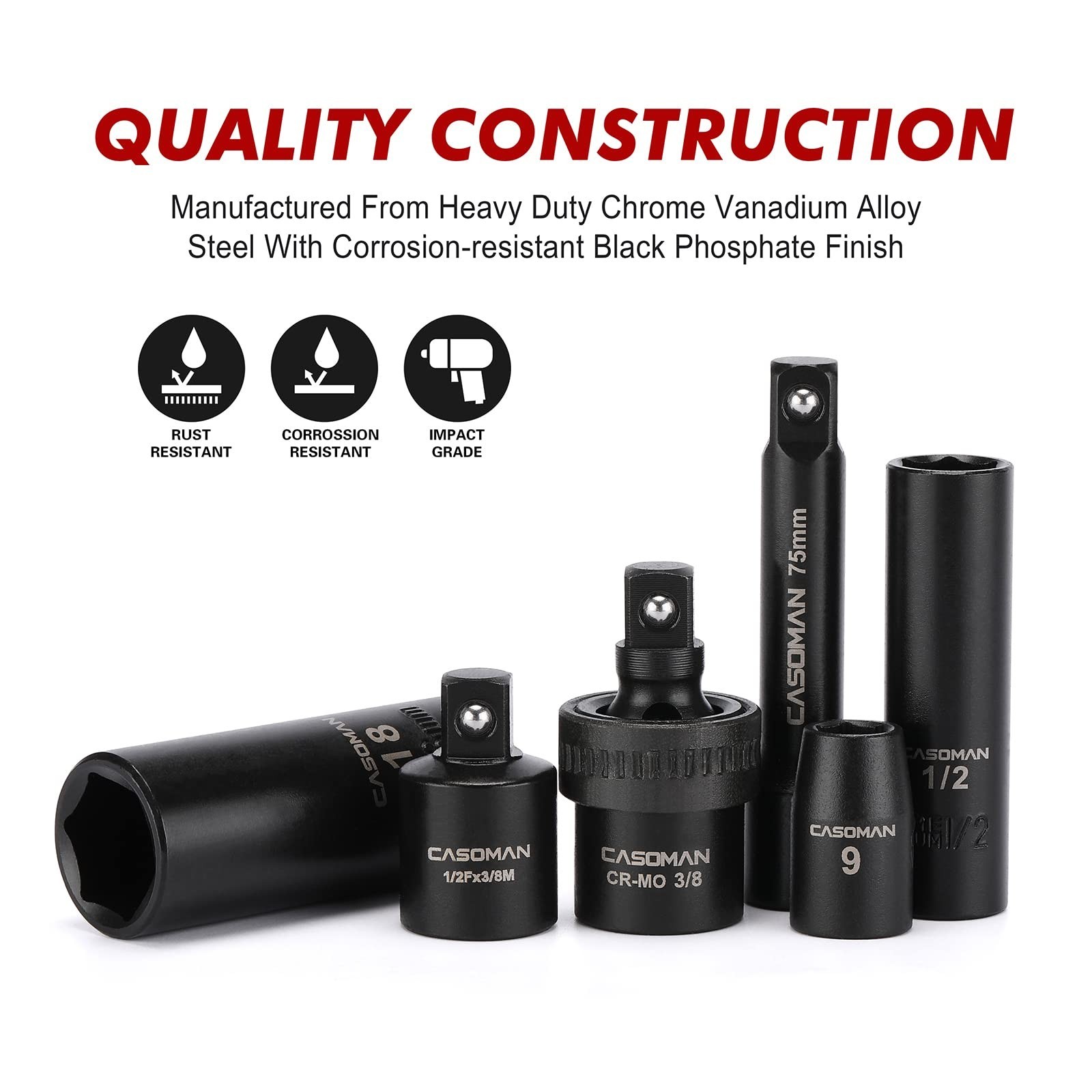 49-Piece 3/8″ Drive Impact Socket Set – SAE & Metric, 6 Point, Cr-V Steel, Durab